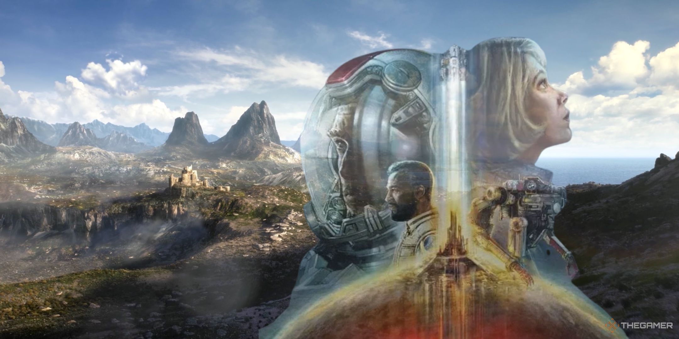 A shot from the Elder Scrolls 6 trailer, showing the landscape. The cover art for Starfield is overlaid on top.