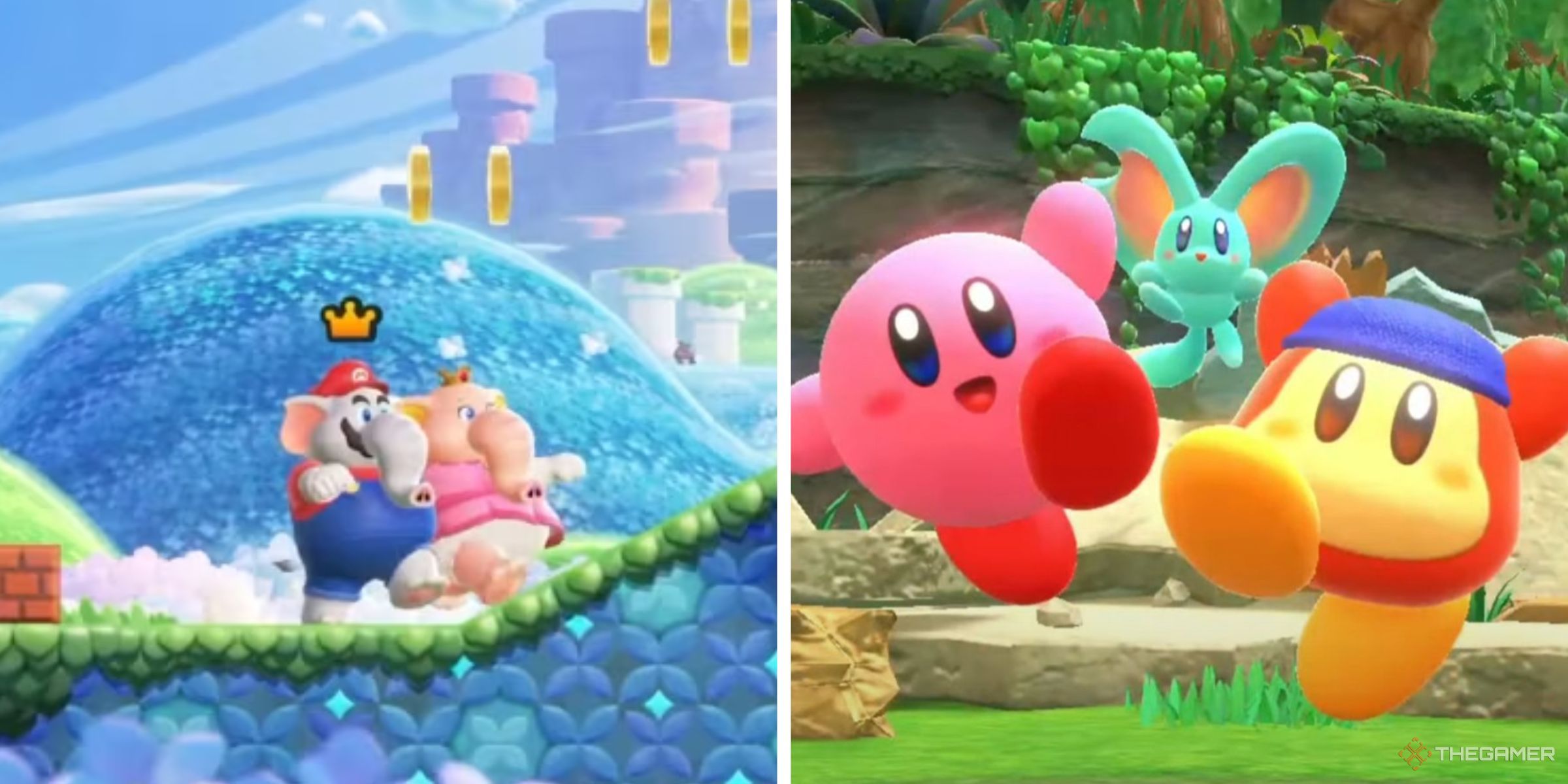 Elephant Mario and Peach running through a level in Super Mario Bros. Wonder and Kirby, Bandana Waddle Dee and Elfilin celebrating together in Kirby and the Forgotten Land.