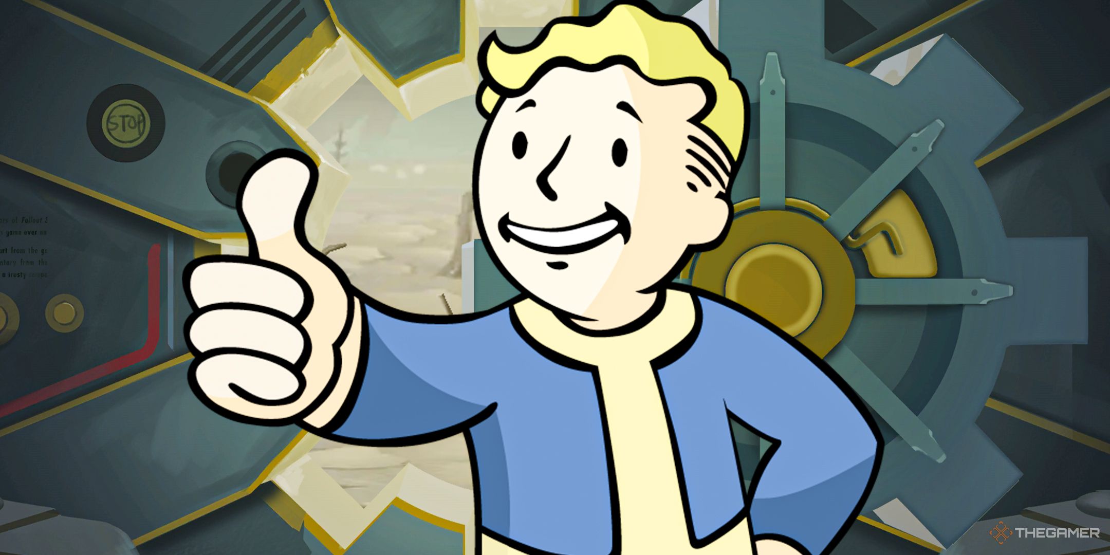 Fallout Vault-Boy giving a thumbs up over an open vault.