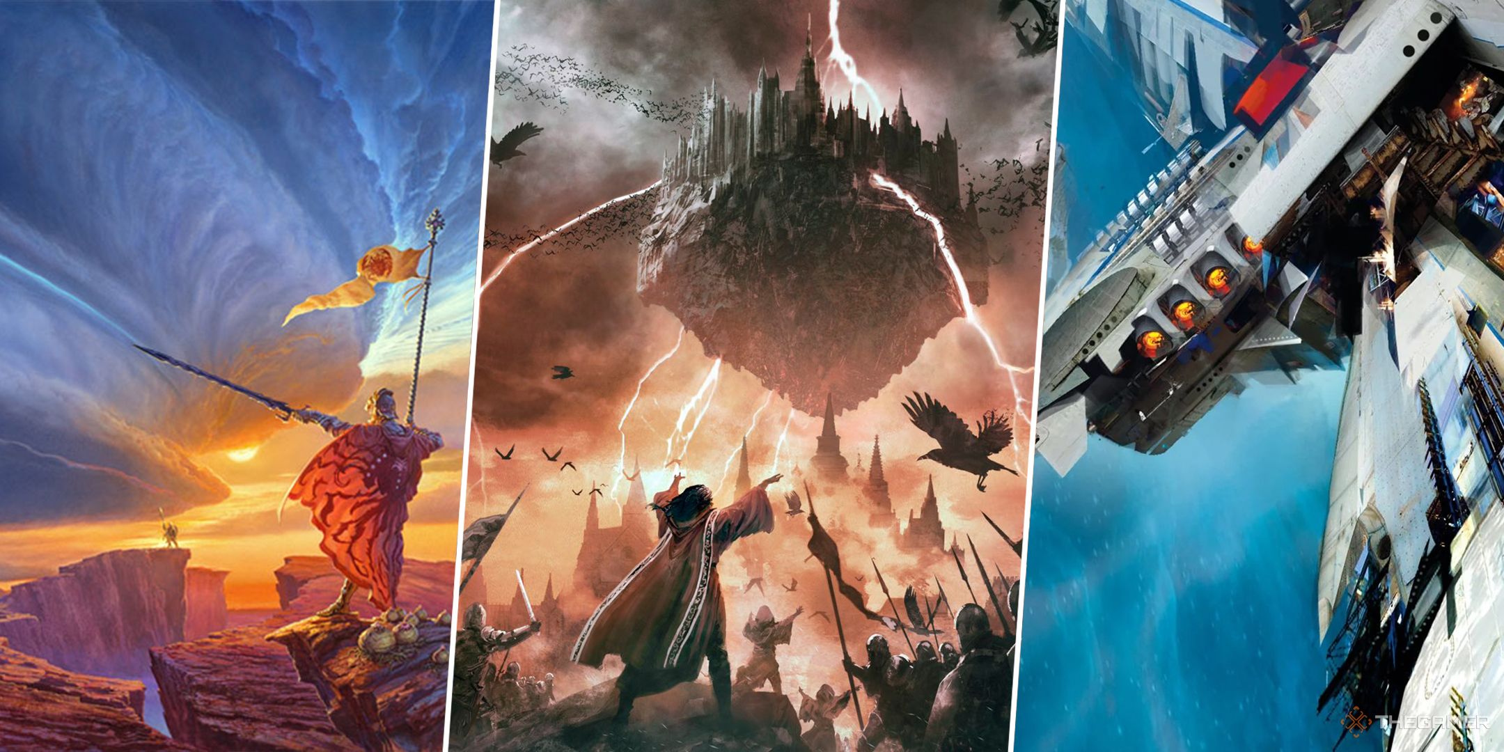 A split image featuring art from The Way of Kings, Malazan, and The Expanse.