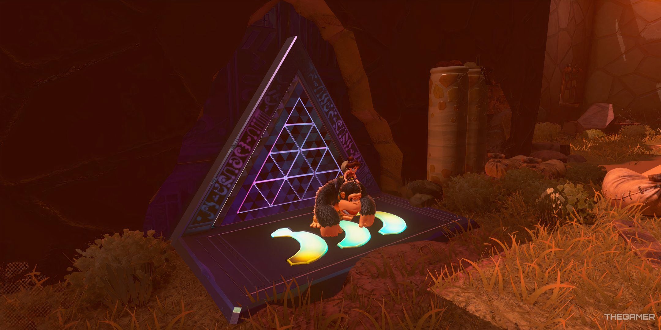 Donkey Kong stands outside the entrance to the Spinning Laser Zone challenge course in Donkey Kong Bananza.