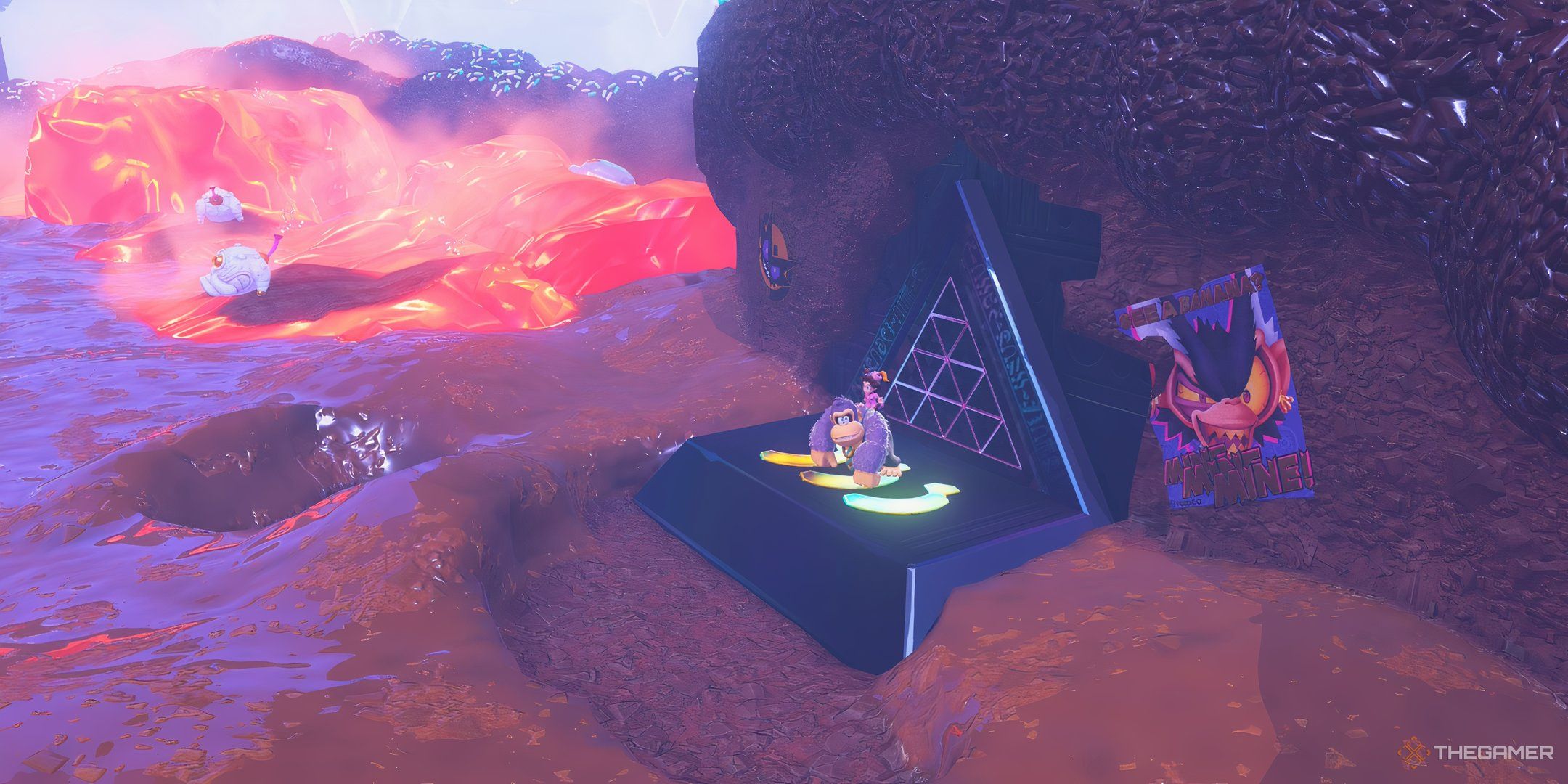 Donkey Kong stands outside the entrance to the Precarious, Powdery Path challenge course in Donkey Kong Bananza.