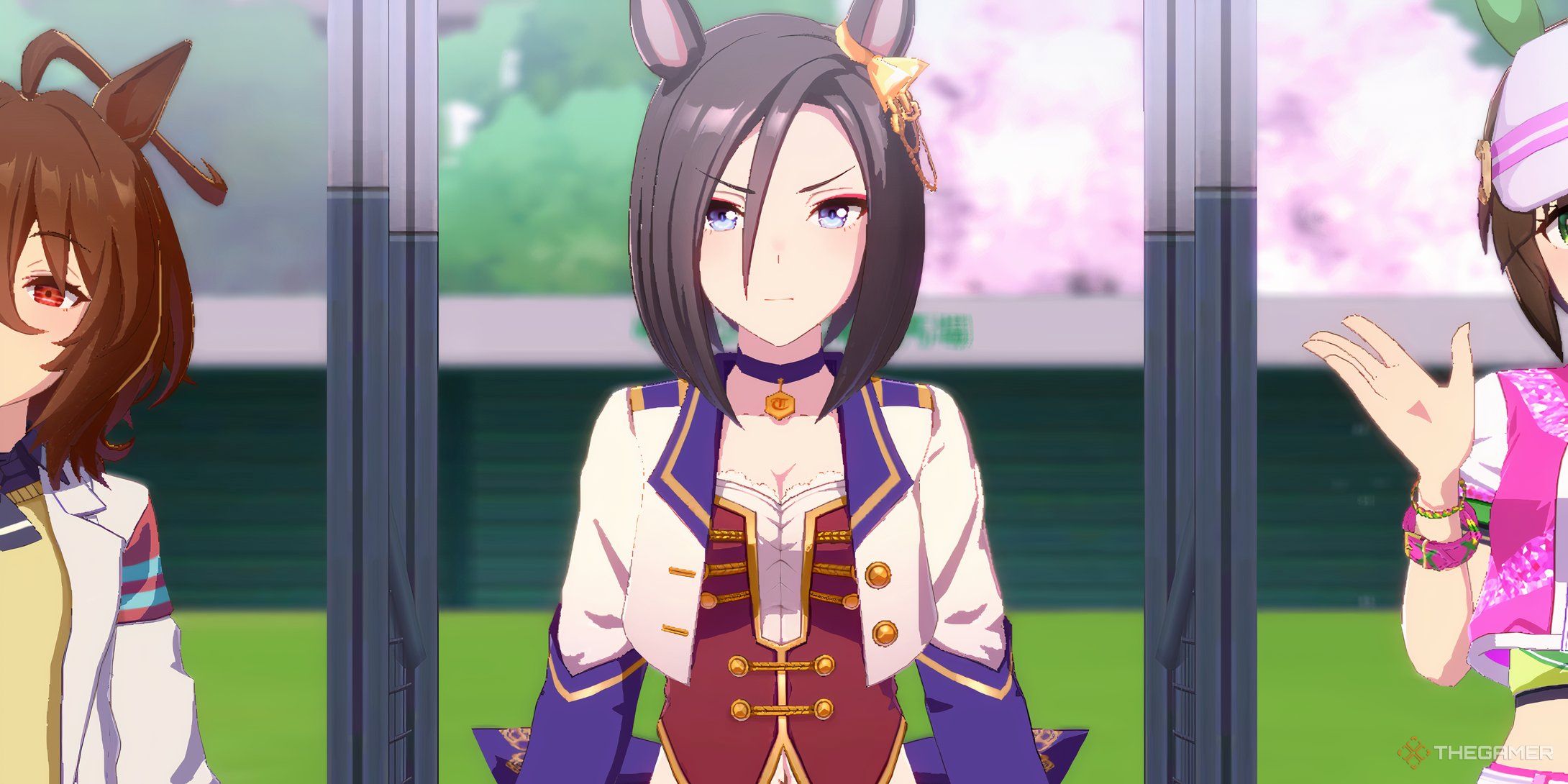 Close up shot of Air Groove in the paddock and flanked by two other Umamusume at the start of a race in Umamusume: Pretty Derby.