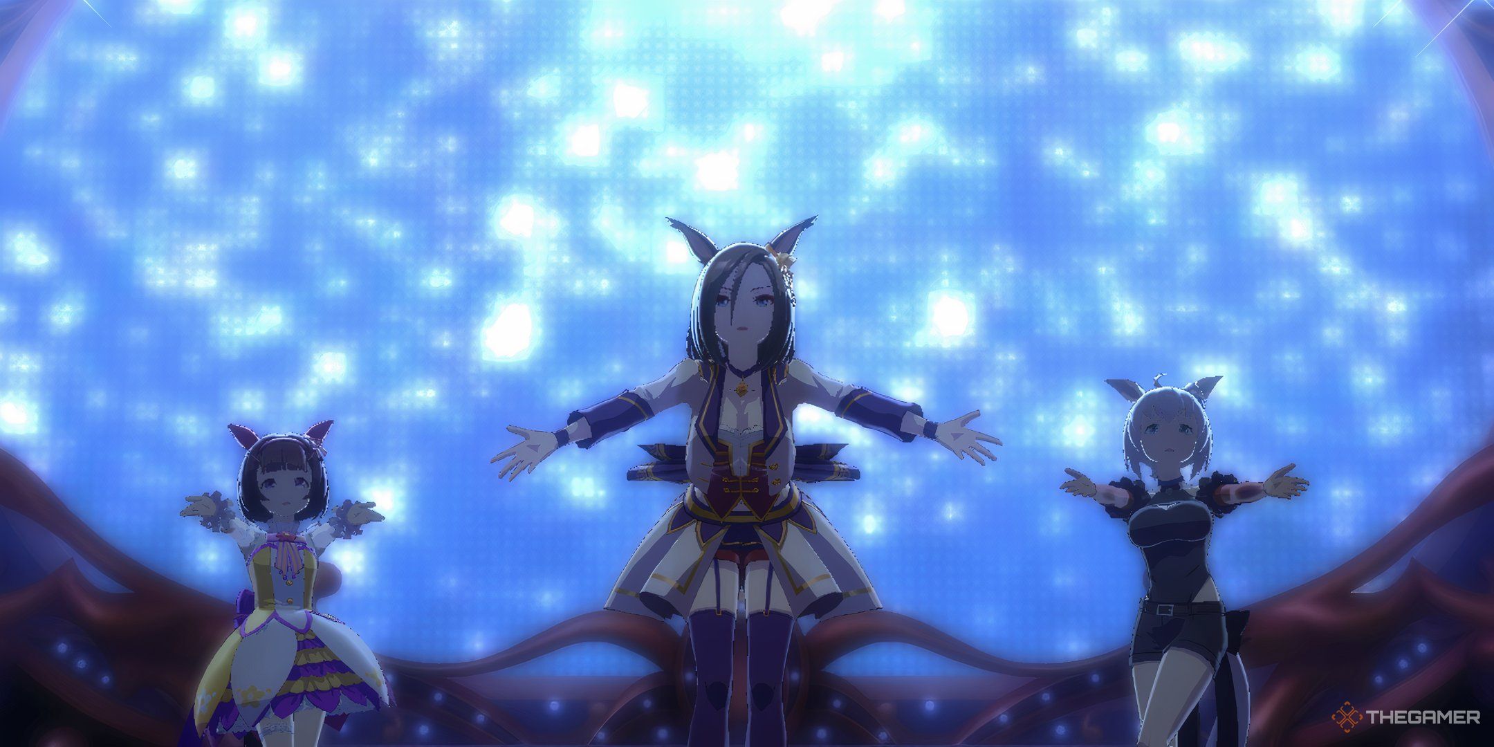 View of Air Groove and two other Umamusume performing a concert after a race in Umamusume: Pretty Derby