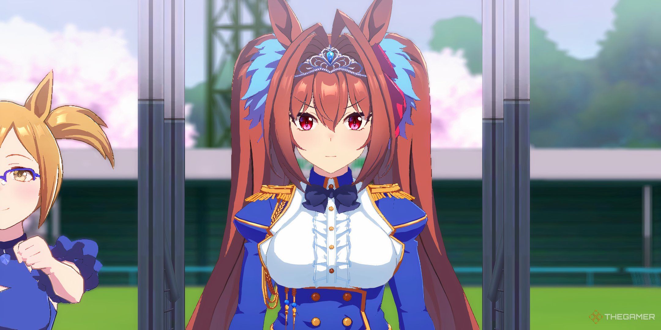 Daiwa Scarlet in her signature outfit standing and preparing for a race on the track in Umamusume: Pretty Derby.