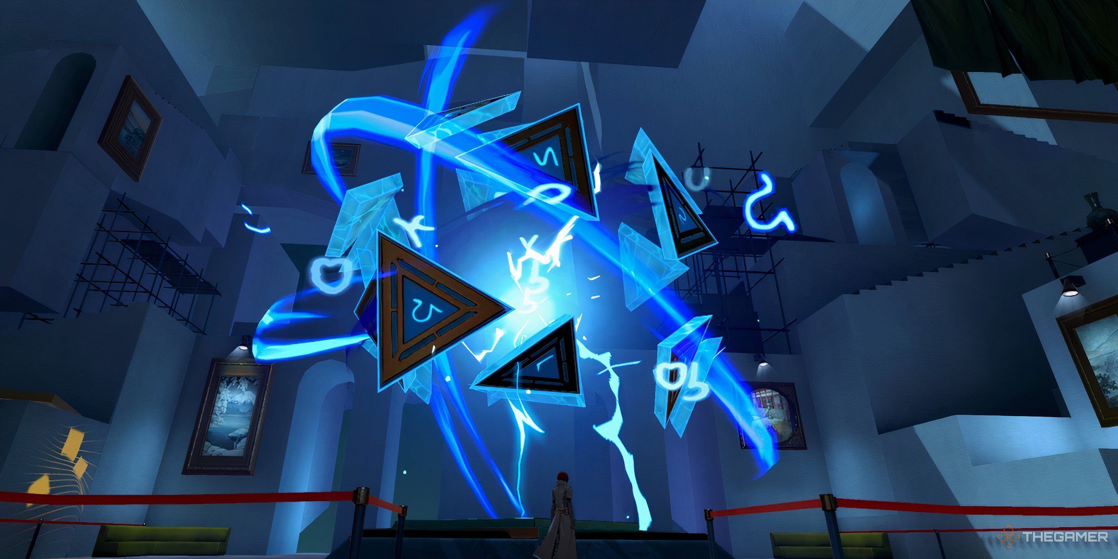 Nagisa watching a giant blue multi-sided decahedron open and break apart to reveal blue light in Persona 5: The Phantom X.