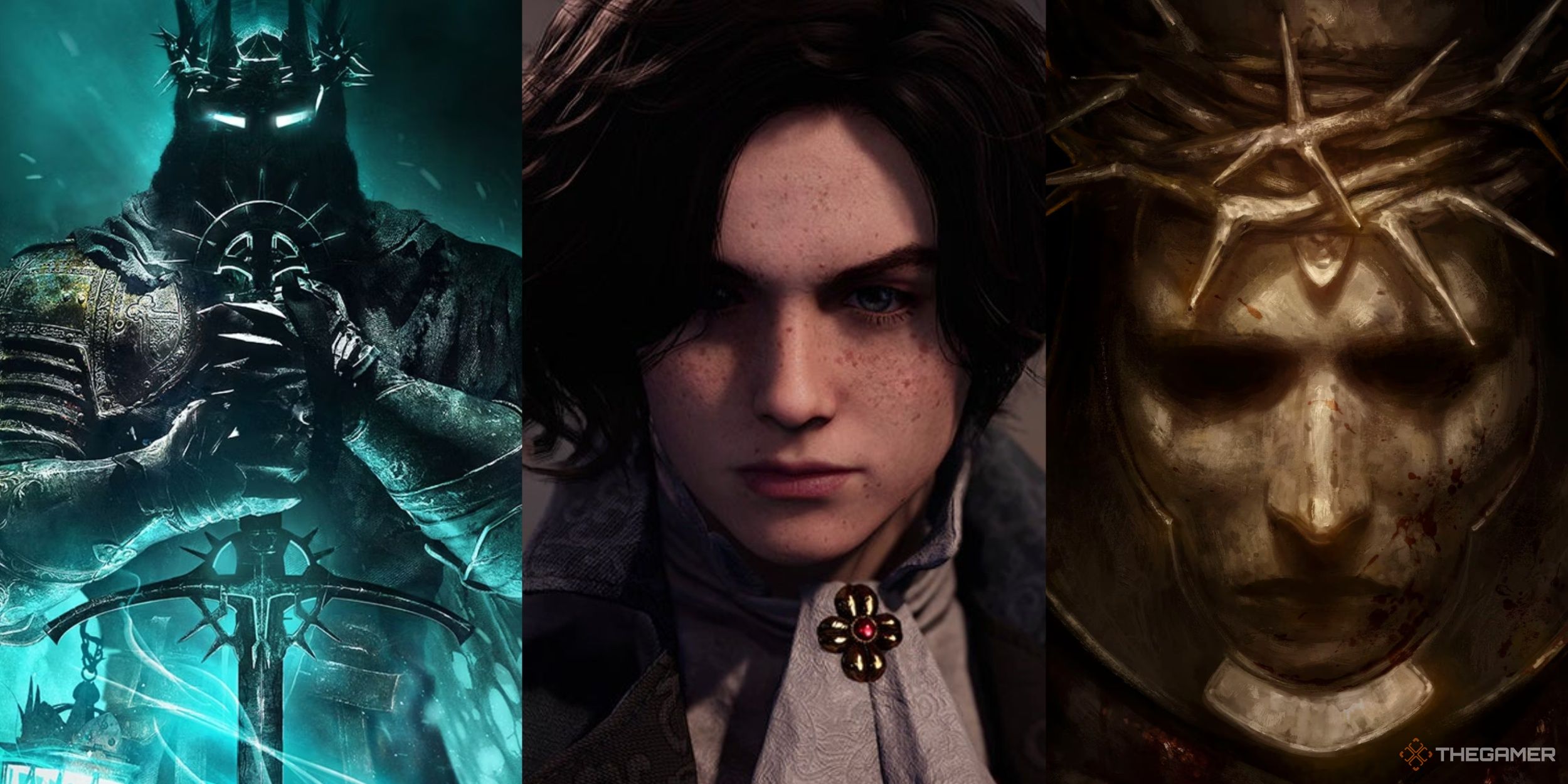 A collage of images showcasing (From Left to Right) the Dark Crusader from Lords of the Fallen, Pinocchio from Lies of P, and the Penitent One from Blasphemous 2.