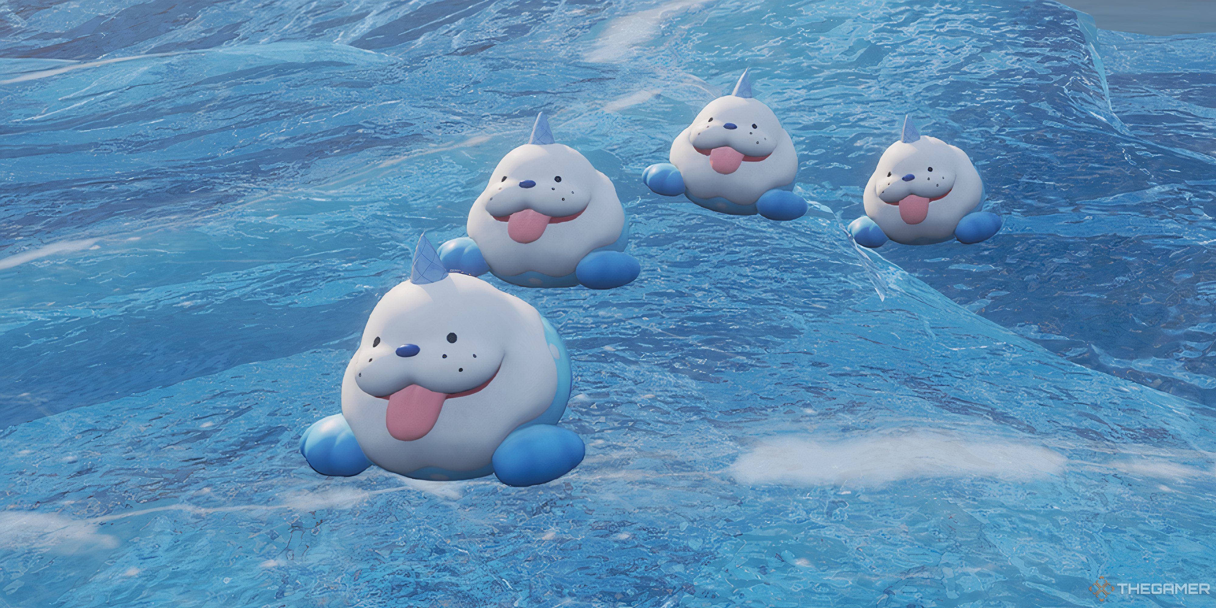 Four Polapup looking happy and sticking their tongues out - Palworld