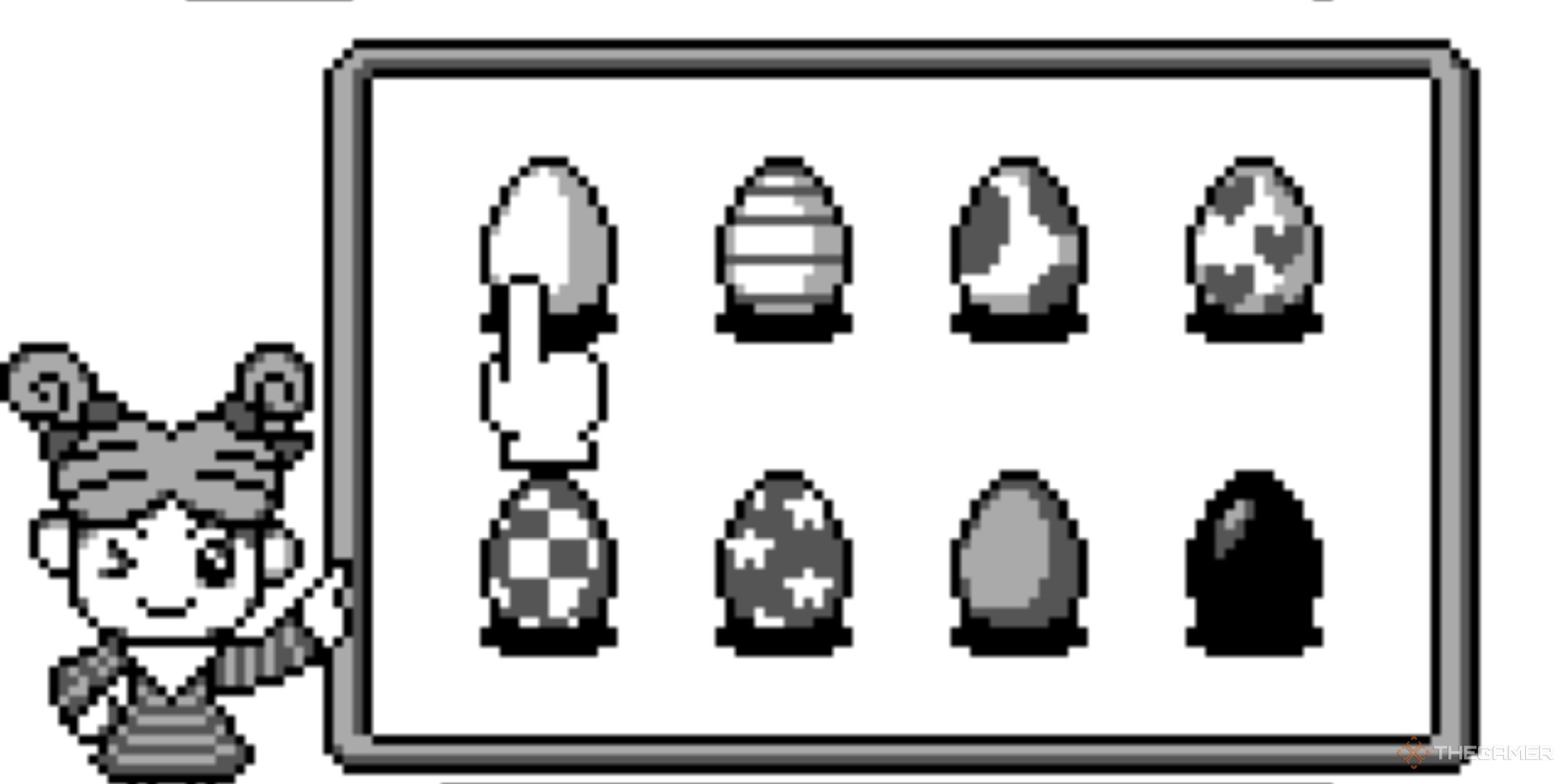 the player selects an egg in the egg room in the game boy edition of tamagotchi.