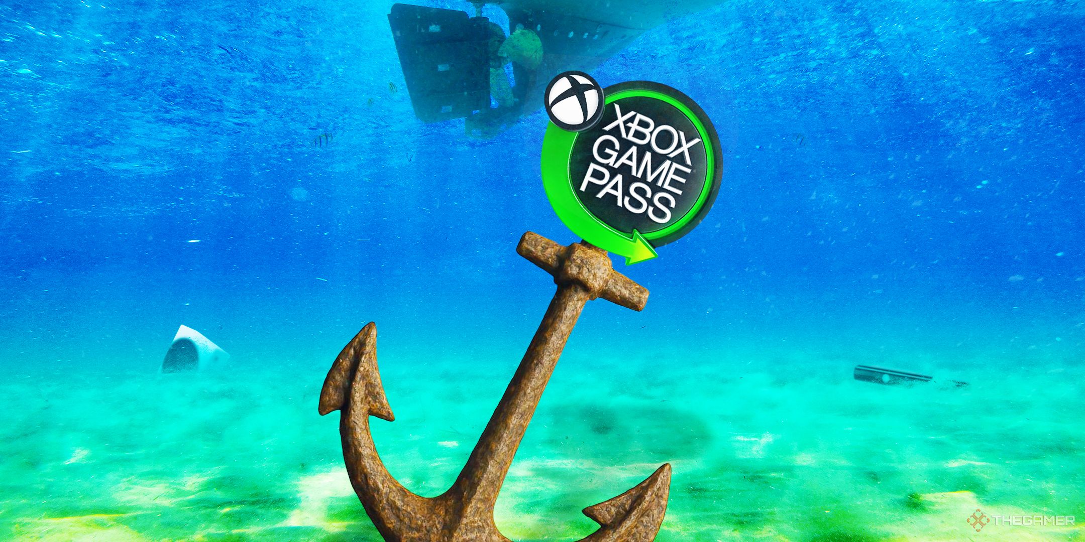 Xbox Game Pass as an anchor at the bottom of the sea.