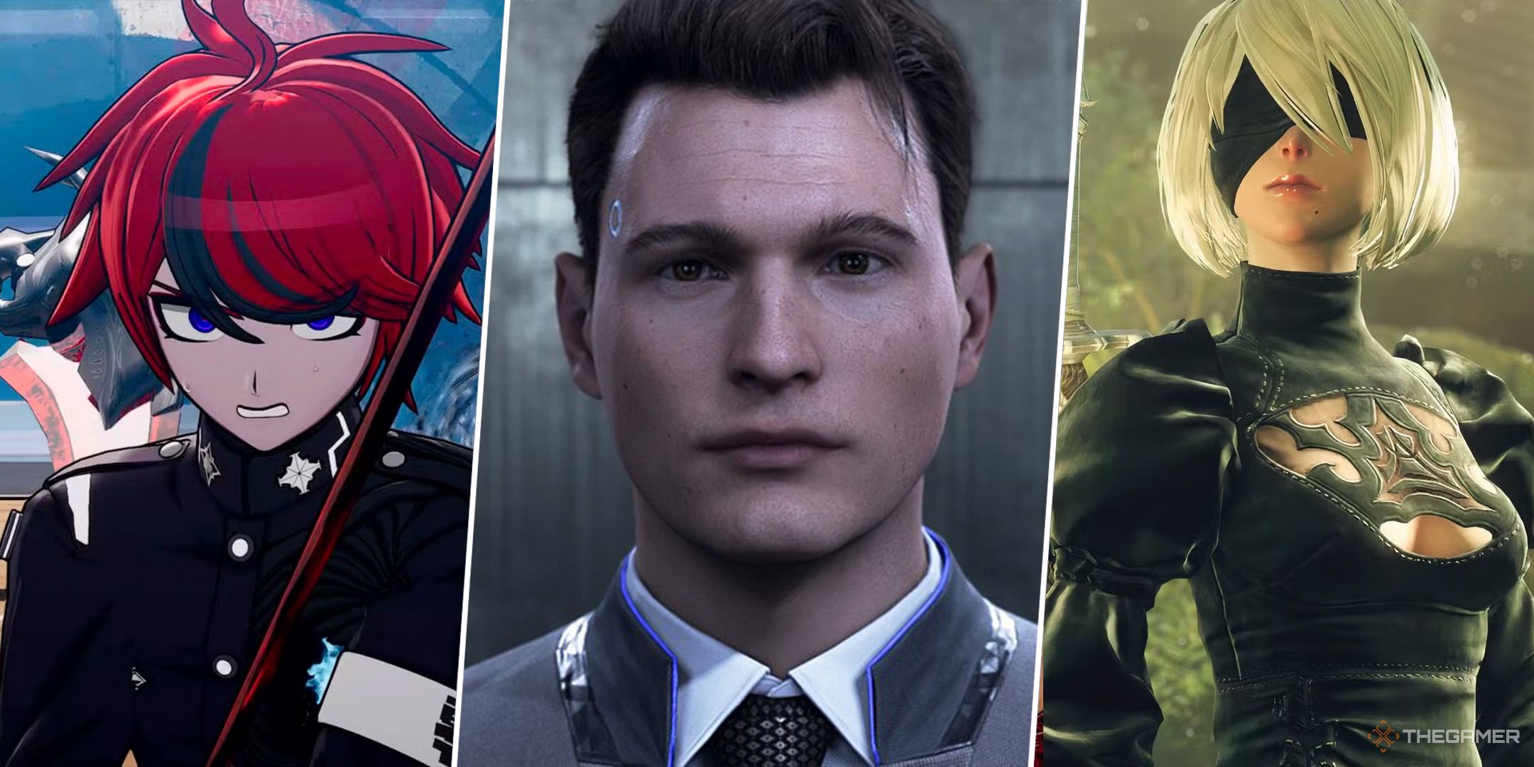 A split image featuring The Hundred Line - Last Defense Academy, Detroit: Become Human, and Nier: Automata.