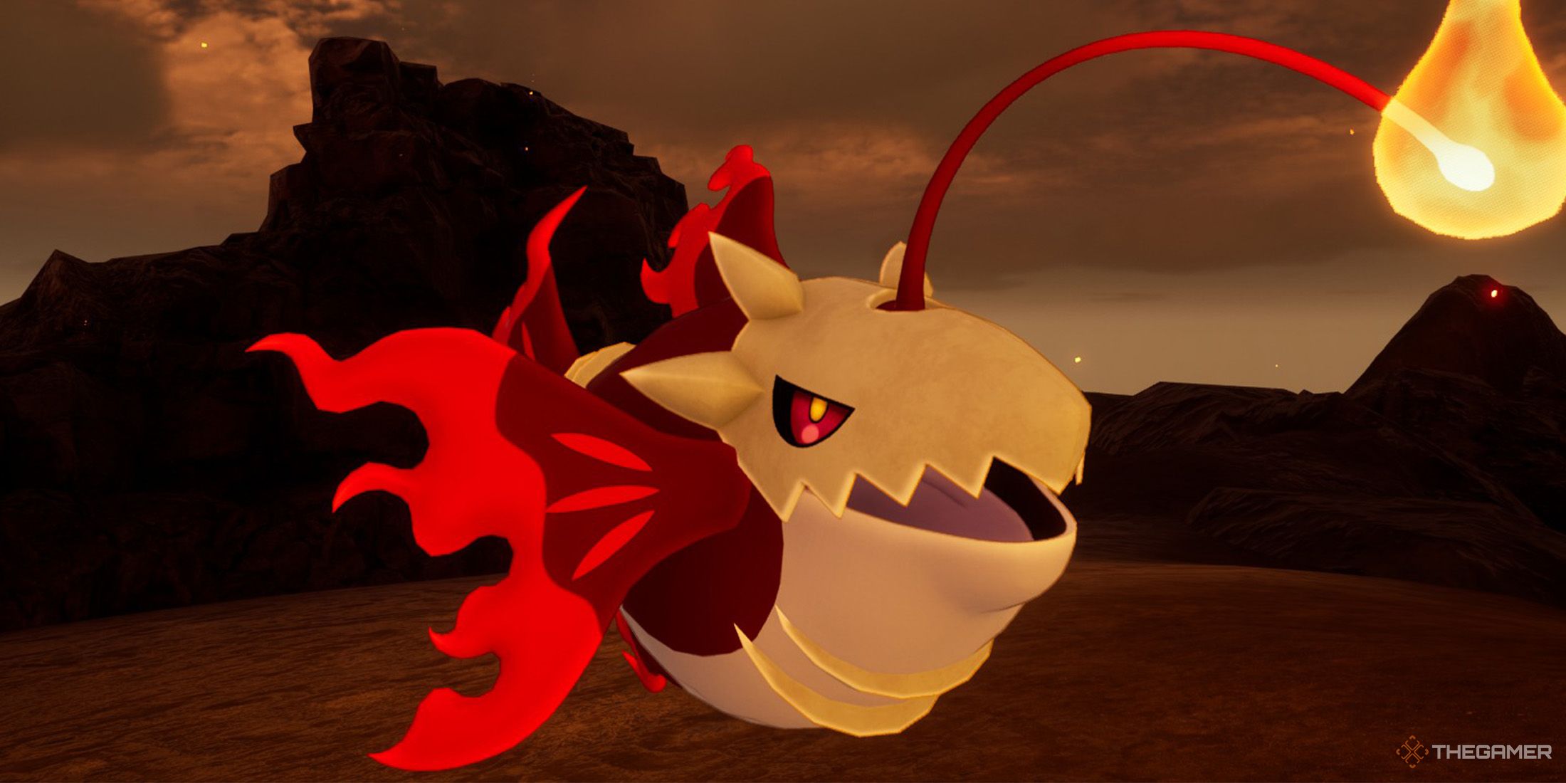 Ghangler Ignis is standing a mountain terrain in Palworld.