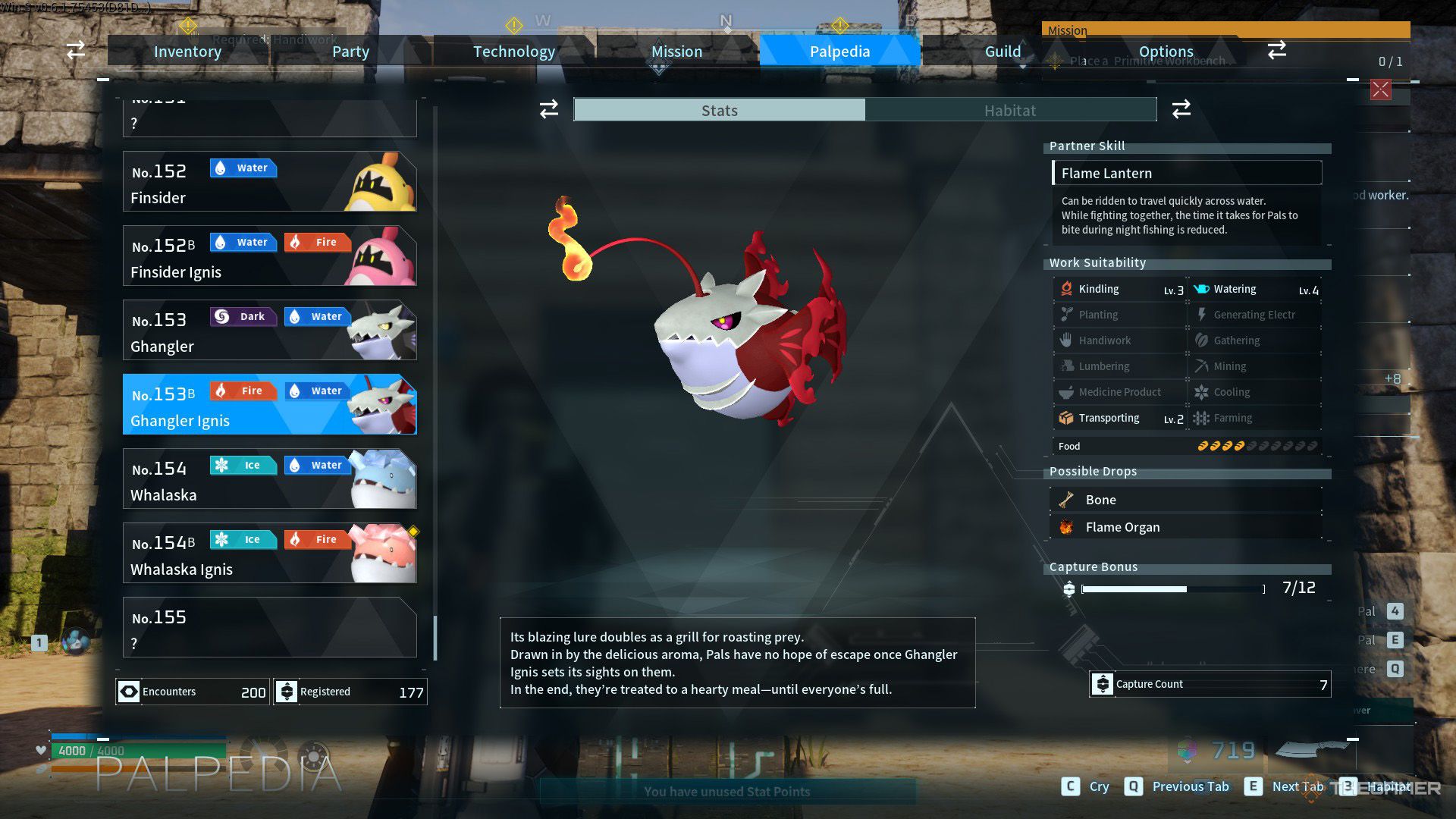 Ghangler Ignis's palpedia entry displayed in Palworld.