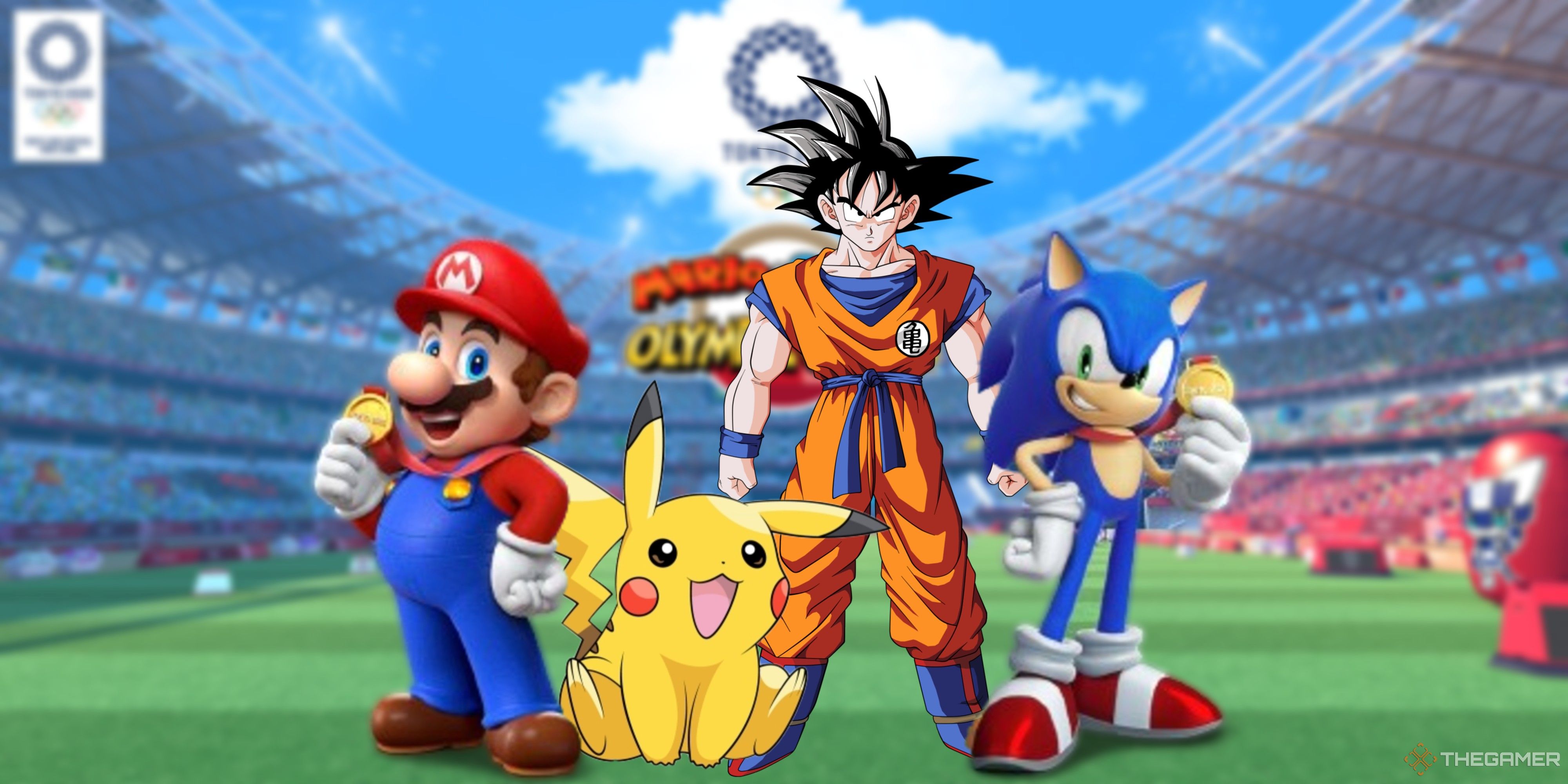 goku and pikachu standing between mario and sonic holding gold medals.