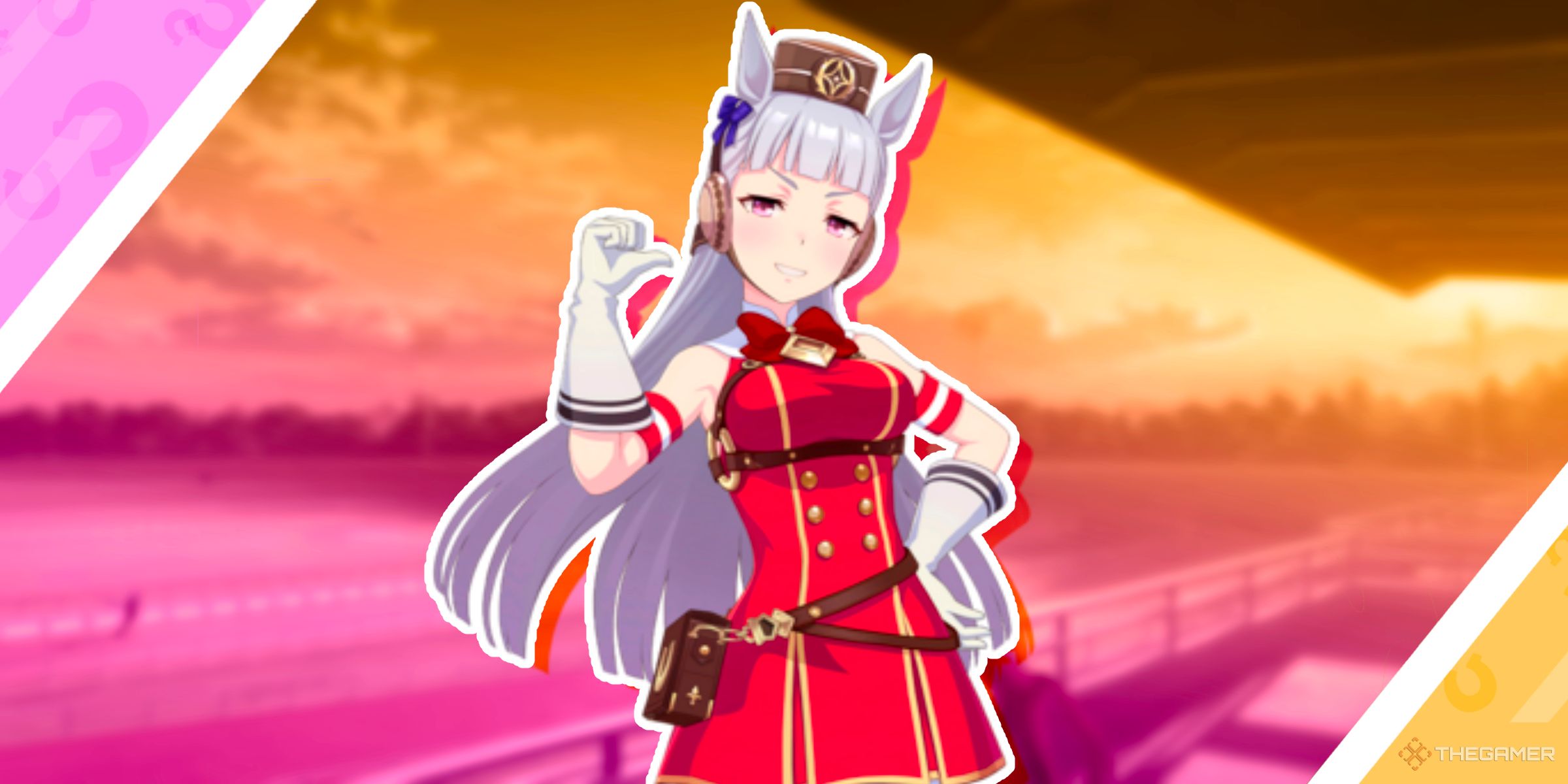 Gold Ship in her race outfit in front of a race track from Umamusume: Pretty Derby.