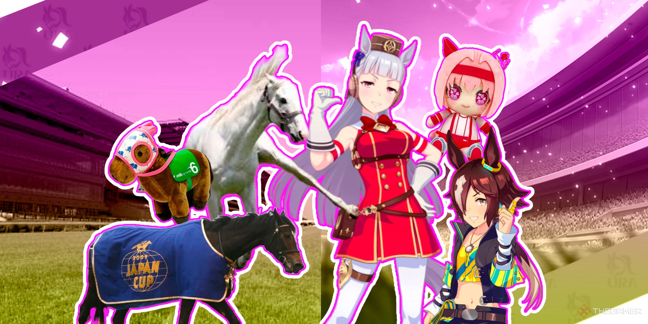 Gold Ship, Vodka and their real-life horse counter parts alongside Haru Urara and their horse counterpart in plushie form from Umamusume: Pretty Derby.