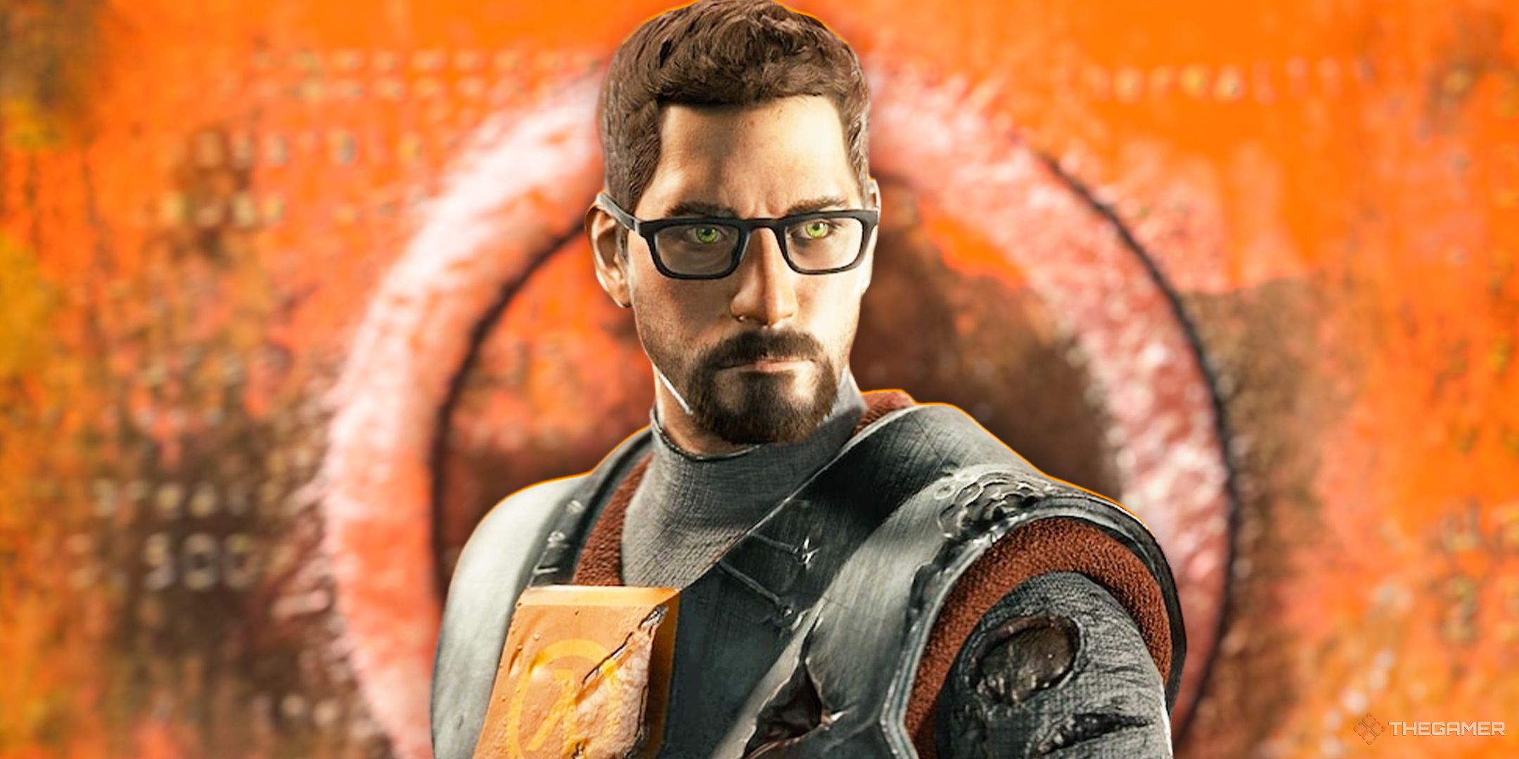 Gordon Freeman standing over an orange Half-Life background.