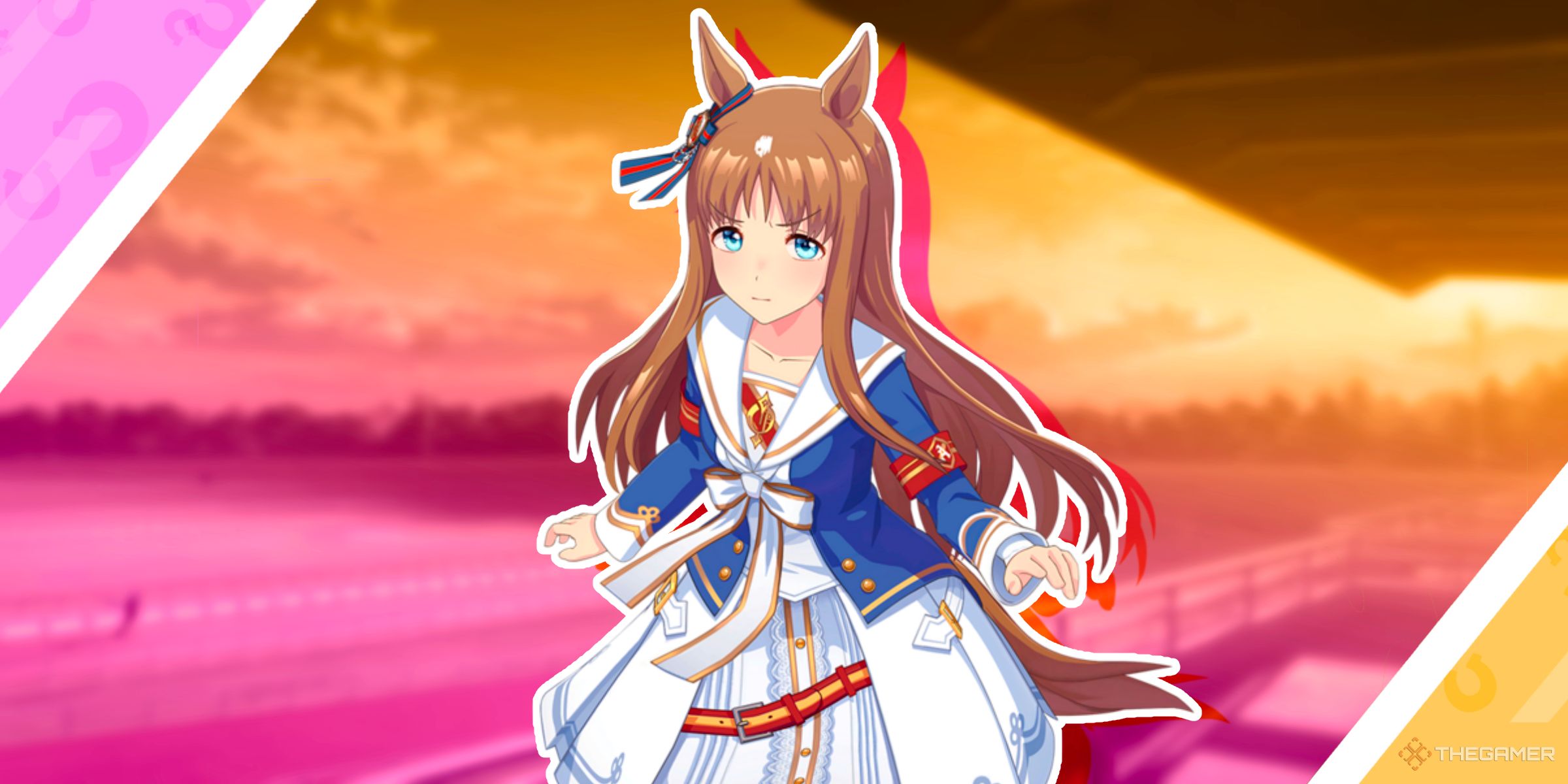 Grass Wonder in her race outfit in front of a race track from Umamusume Pretty Derby.