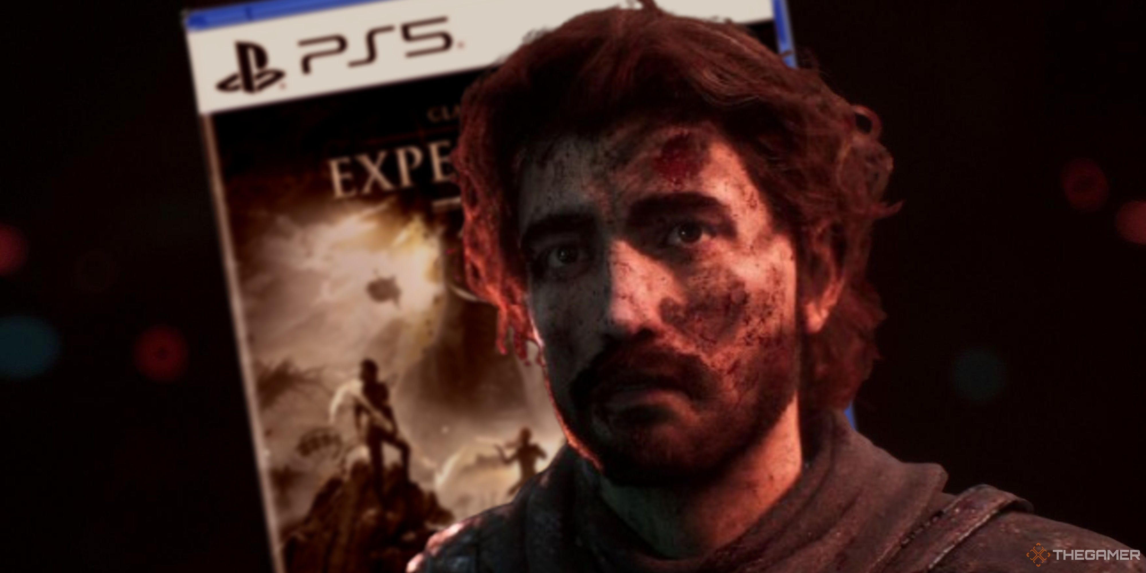 gustave from clair obscur expedition 33 in front of a physical ps5 copy of the game.