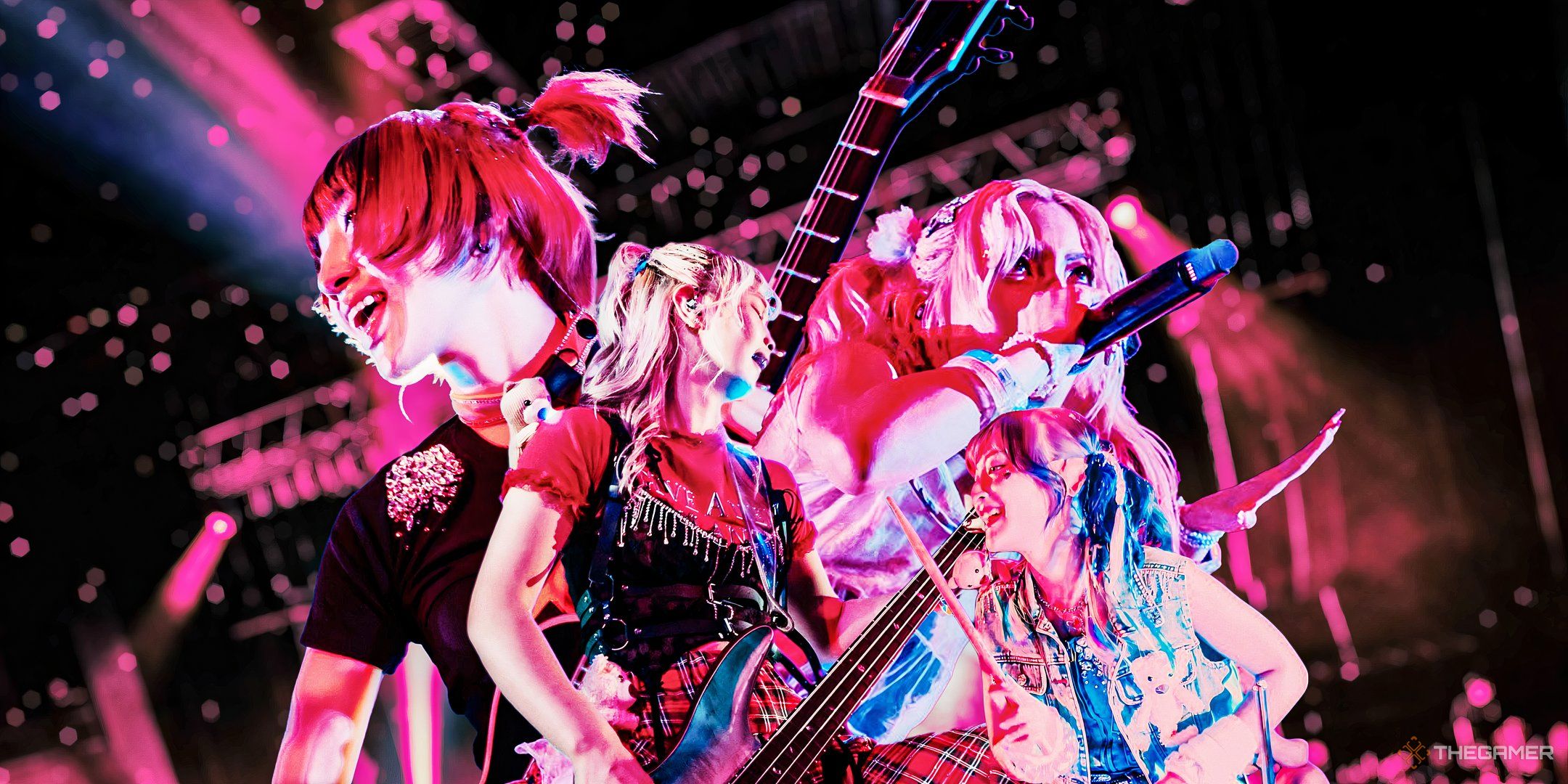 Members of the band Hanabie. set against a pink backdrop.