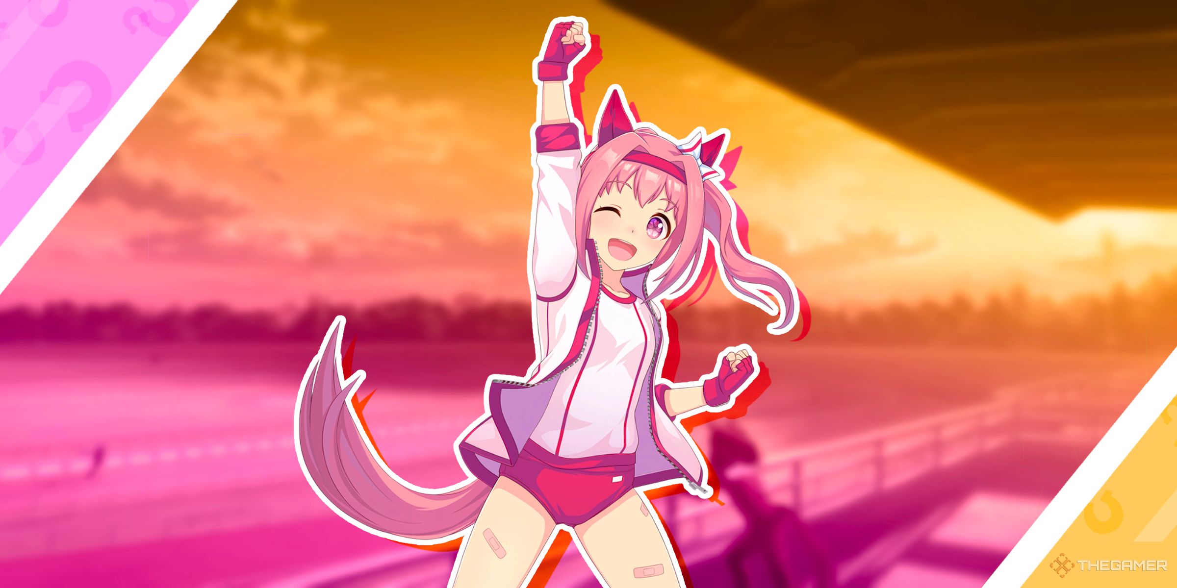Haru Urara in her race outfit in front of a race track from Umamusume: Pretty Derby.