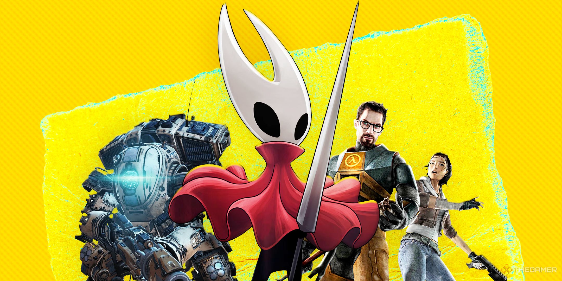 Hollow Knight Silksong character standing next to Gordon Freeman and Alyx Vance from Half-Life, and Scorch from Titanfall.