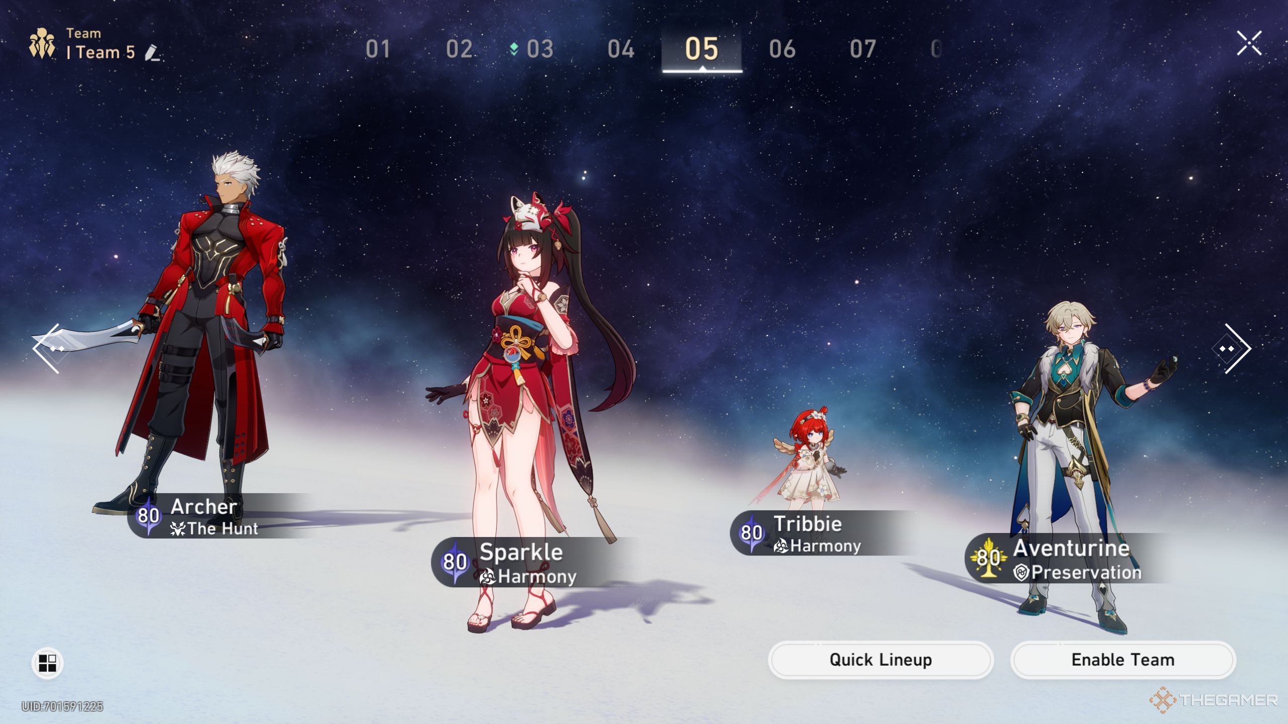 Honkai Star Rail Archer in a team with sparkle, tribbie, and aventurine.