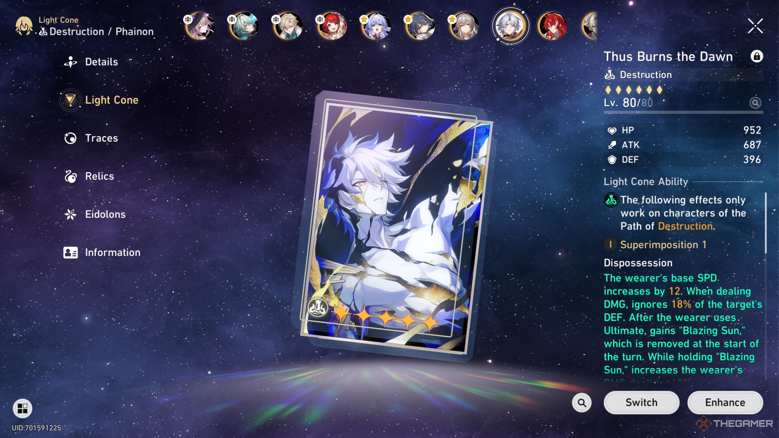 Honkai Star Rail Phainon light cone screen showing Thus Burns the Dawn.