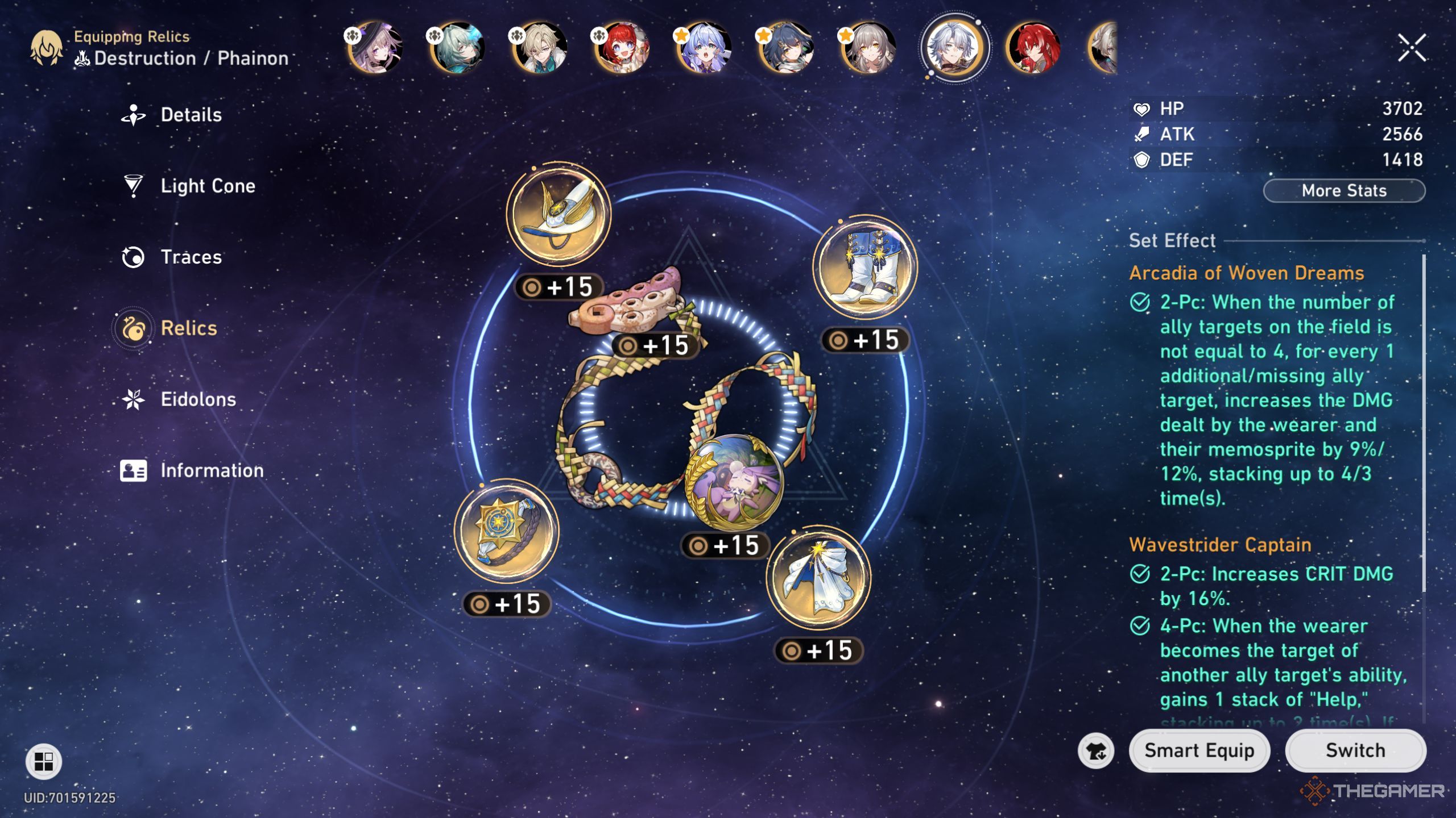 Honkai Star Rail Phainon relic screen with Arcadia of Woven Dreams and Wavestrider Captain.