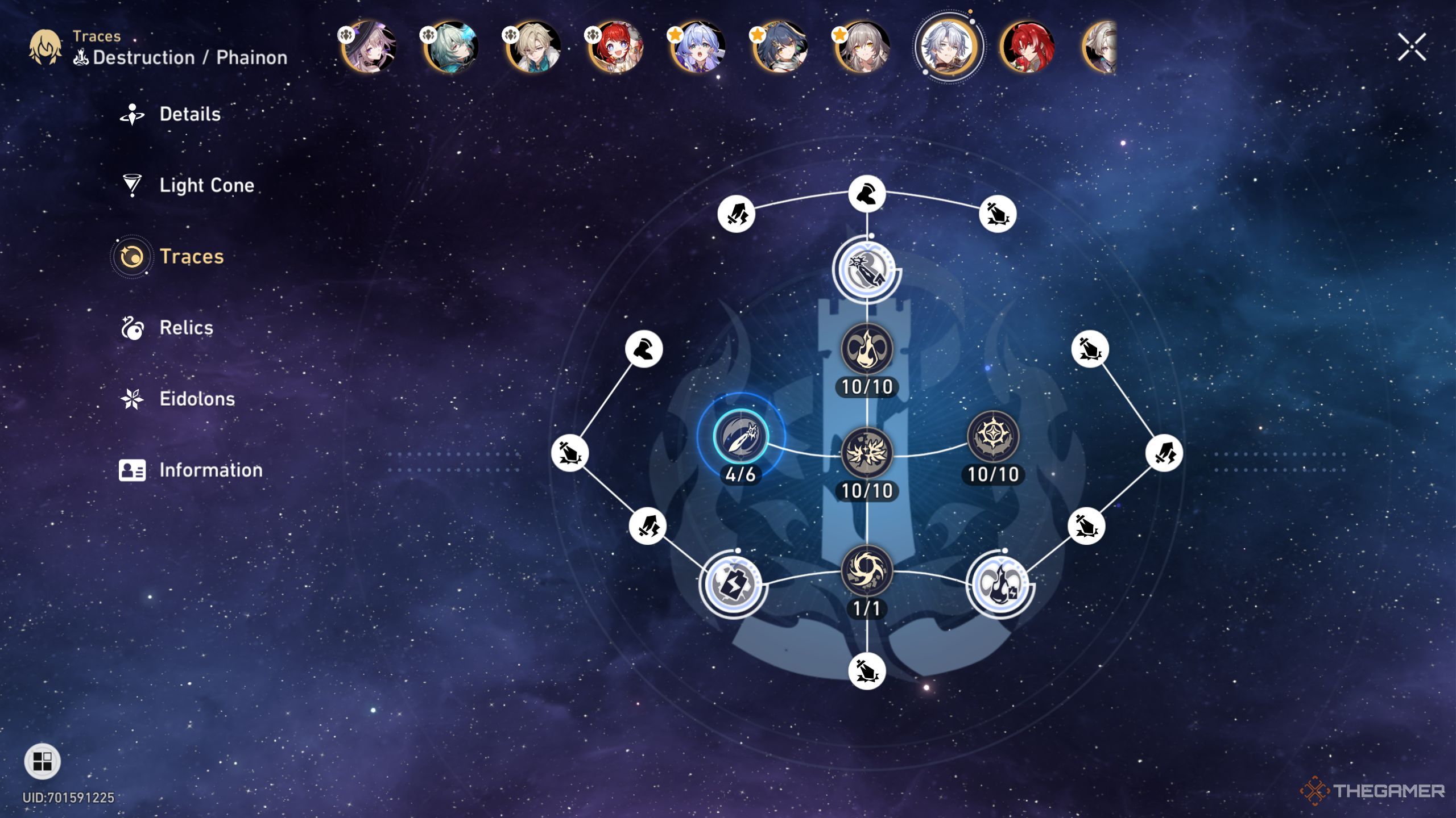Honkai Star Rail Phainon trace screen with everything upgraded.