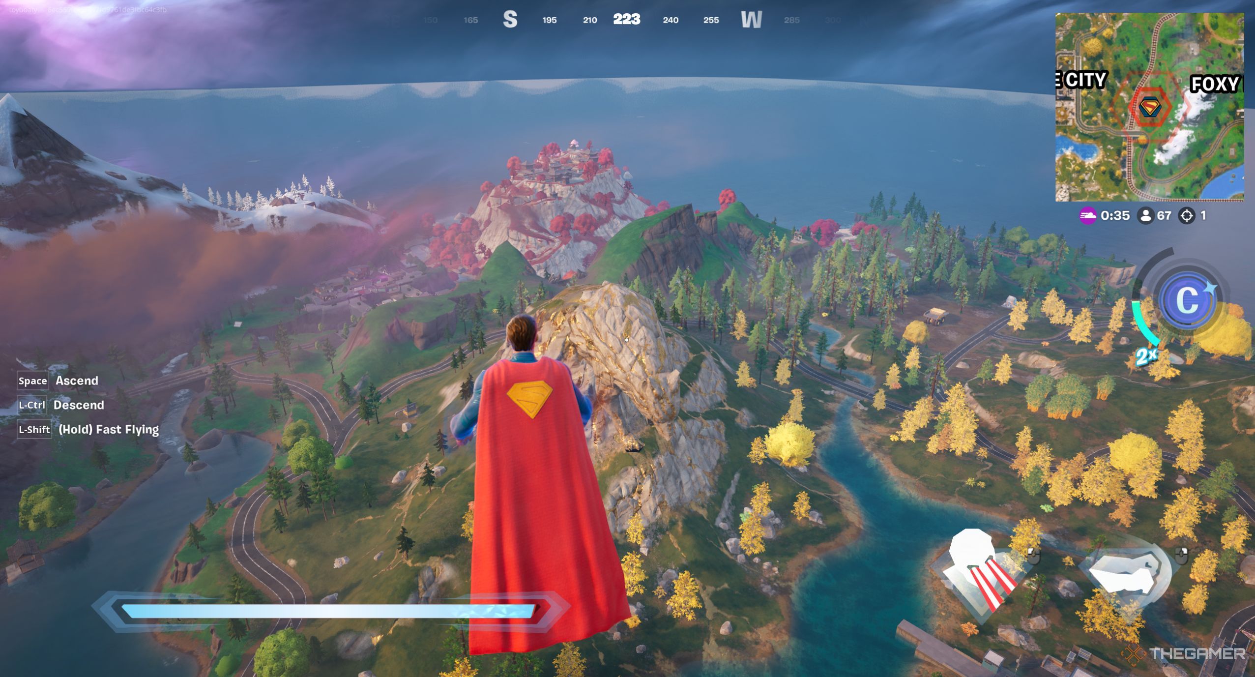 Hovering as Superman in Fortnite.