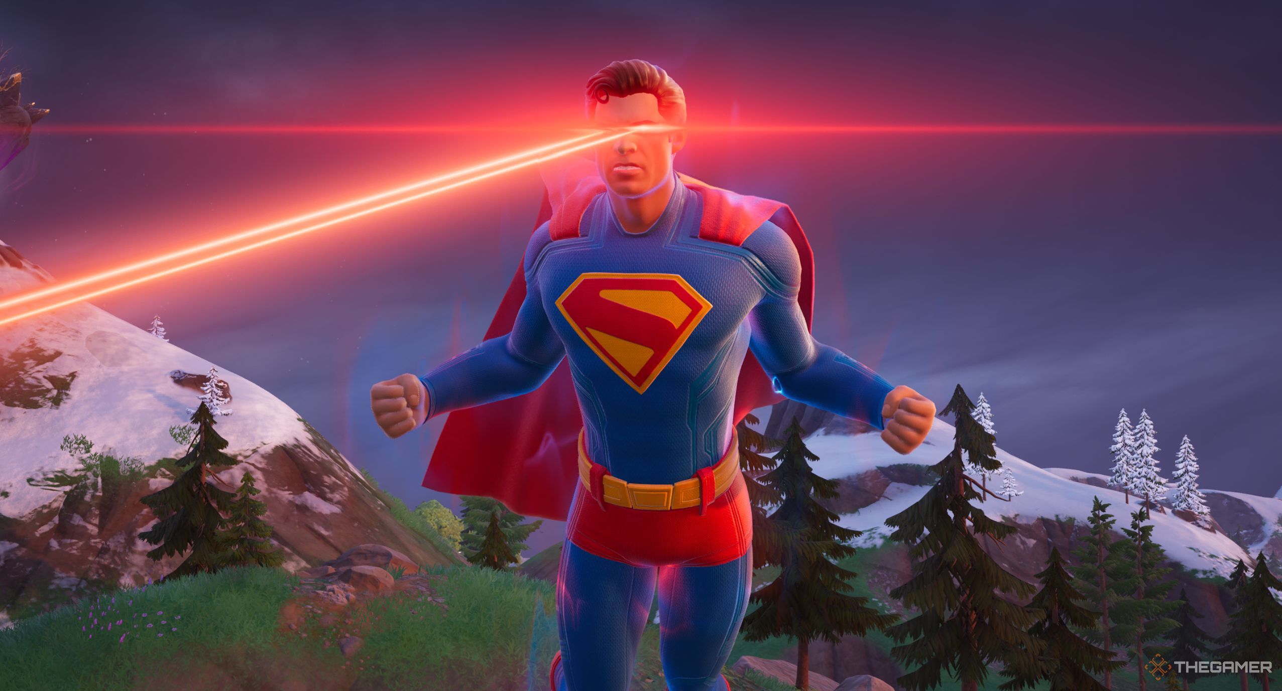 Hovering as Superman, using lasers, in Fortnite.