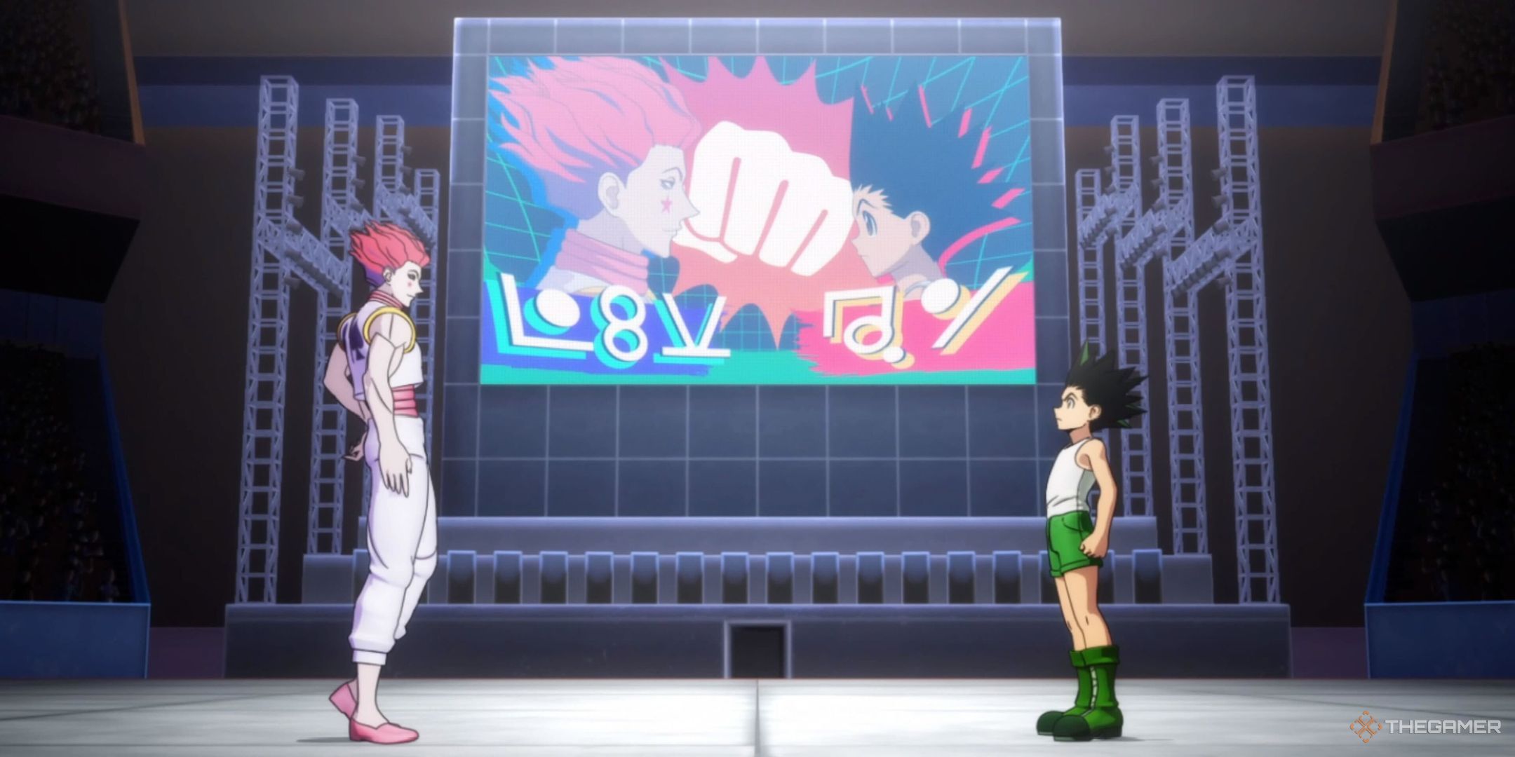 Gon and Hisoka about to fight in the intro to Hunter x Hunter: Nen x Impact.