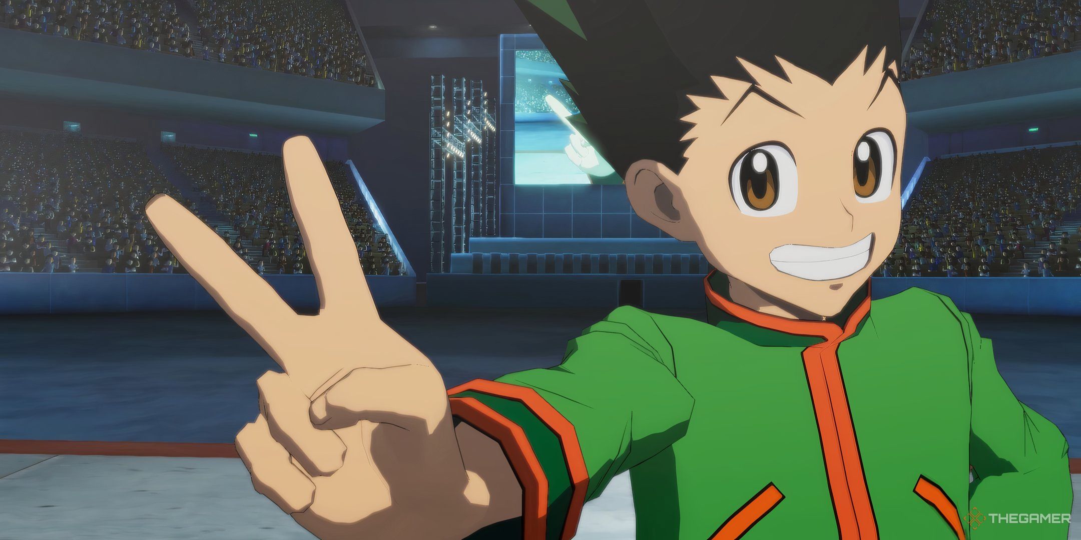 Gon giving a peace sign in Hunter x Hunter: Nen x Impact.
