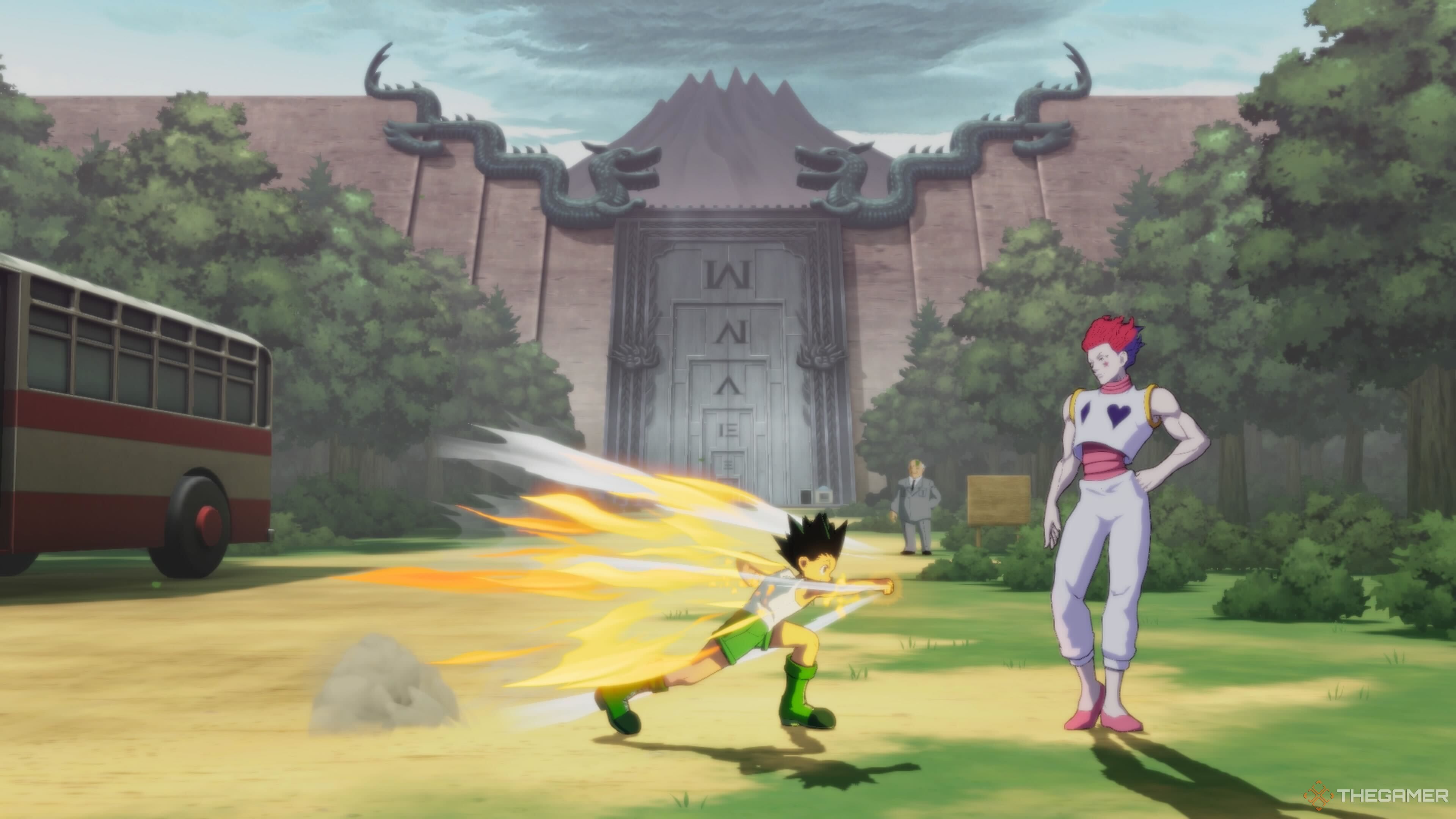 Gon charging his signature attack up against Hisoka in Hunter x Hunter: Nen x Impact.