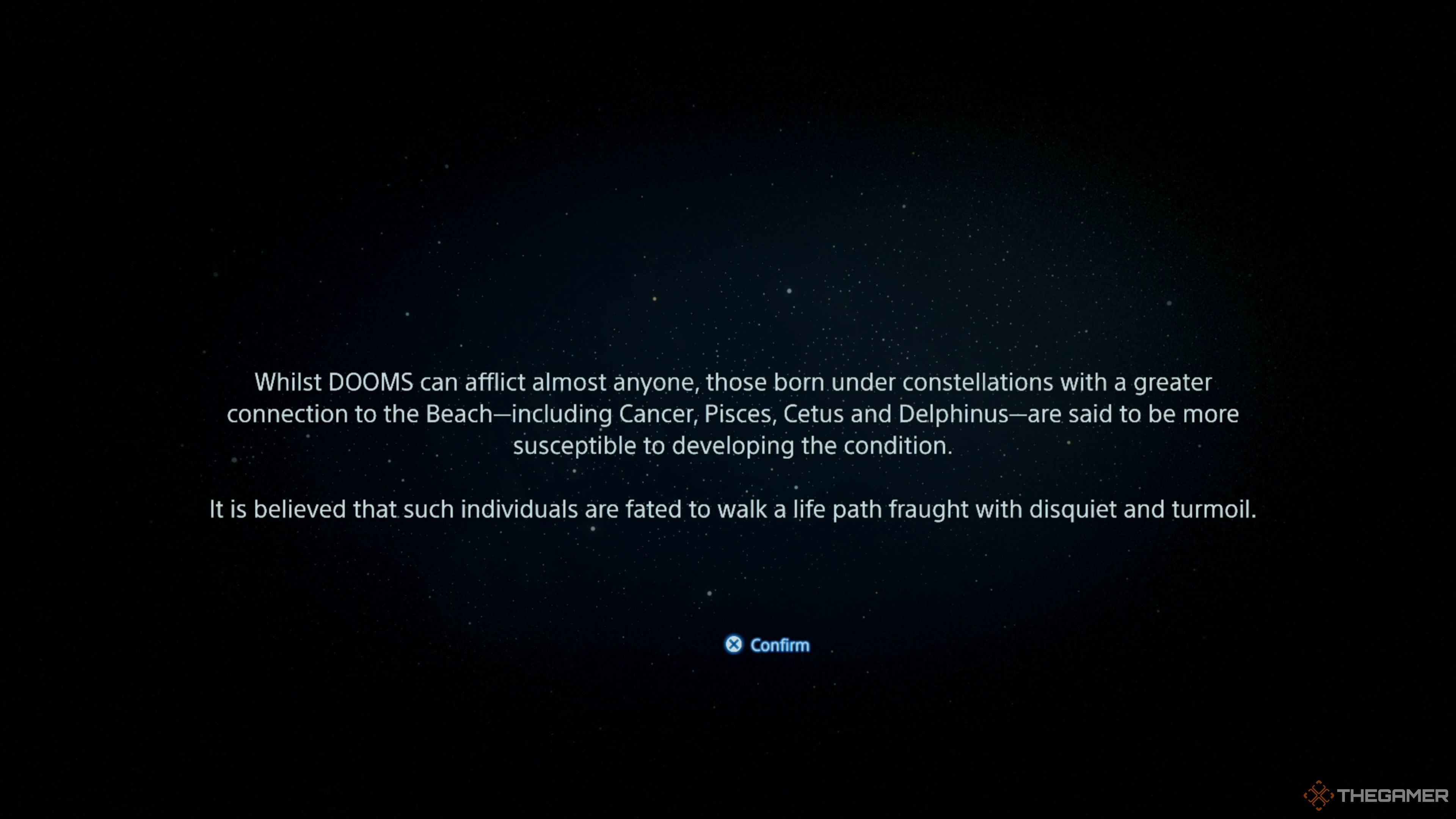 A screen explaining that you people born under certain constellations have more chance of having DOOMs in Death Stranding 2.