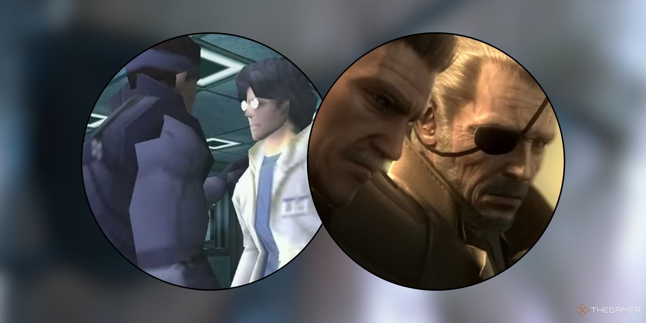 Image of Snake and Otacon in a circle and an image of Snake and Big Boss in a cricle, next to each other.
