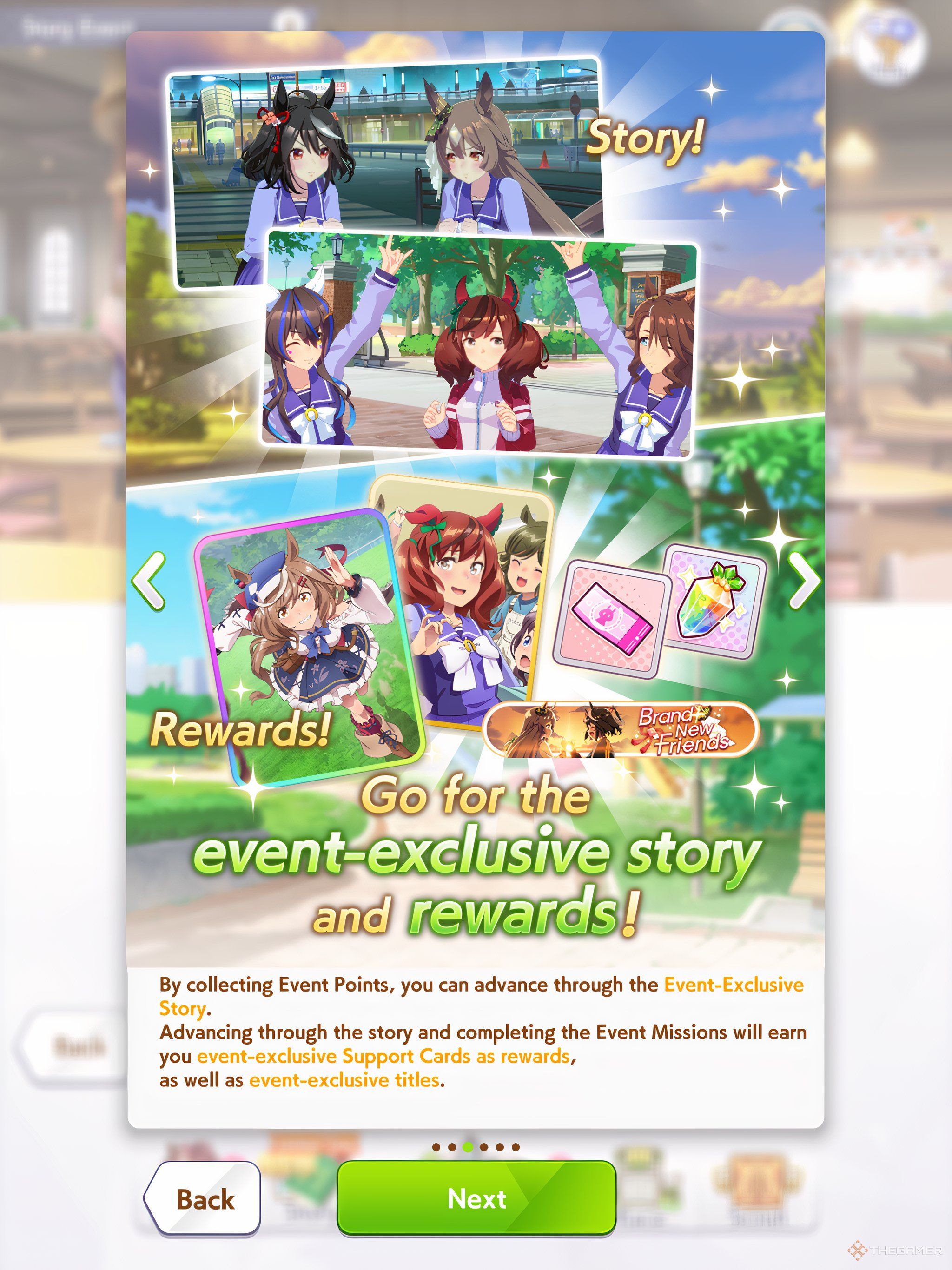 The event exclusive rewards page for Umamusume Pretty Derby Brand New Friends Event showcasing the possible rewards you can earn.