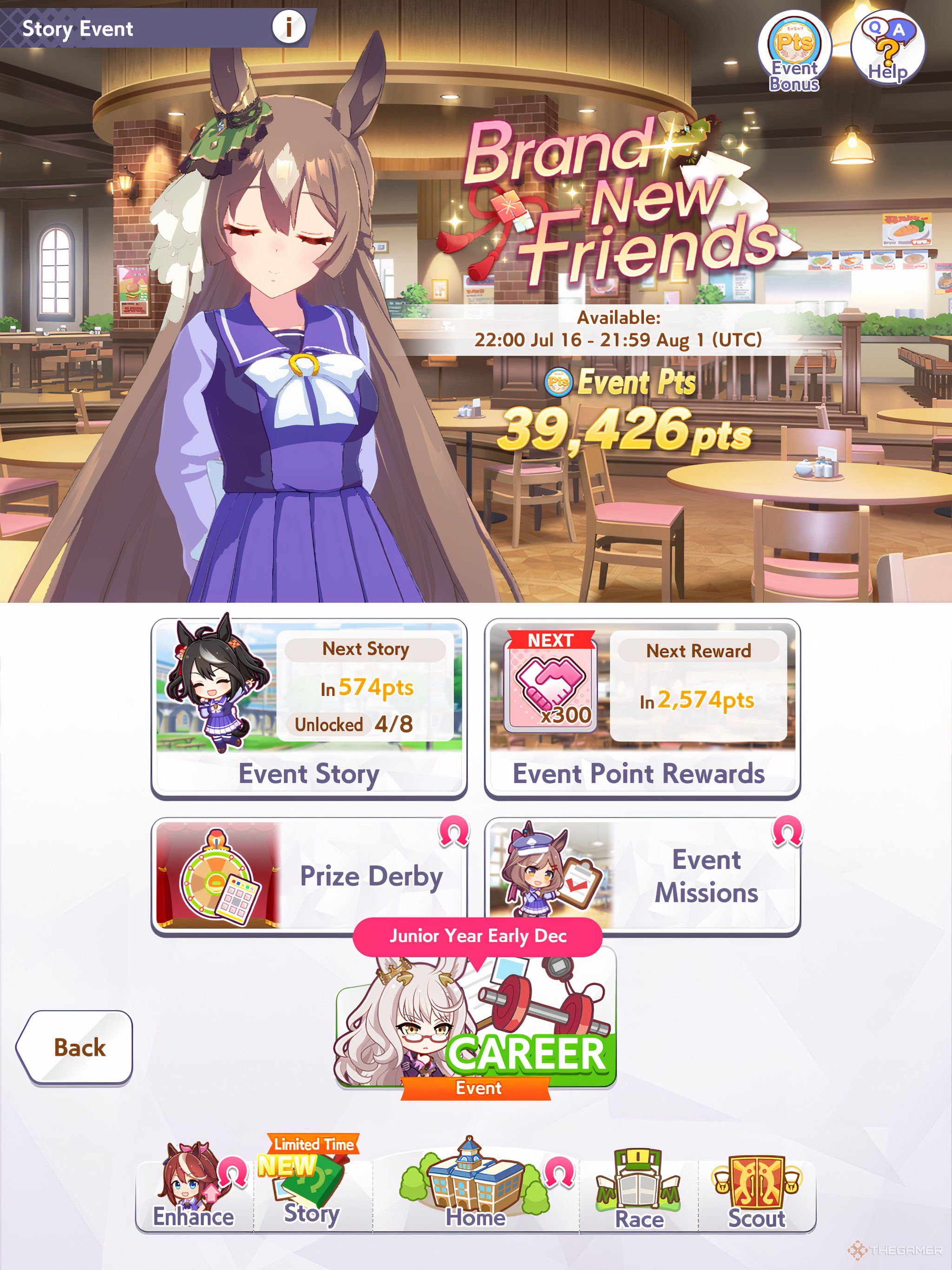 The Bran New Friends Event Page in Umamusume: Pretty Derby showcasing the amount of event points earned so far as well as the options available.