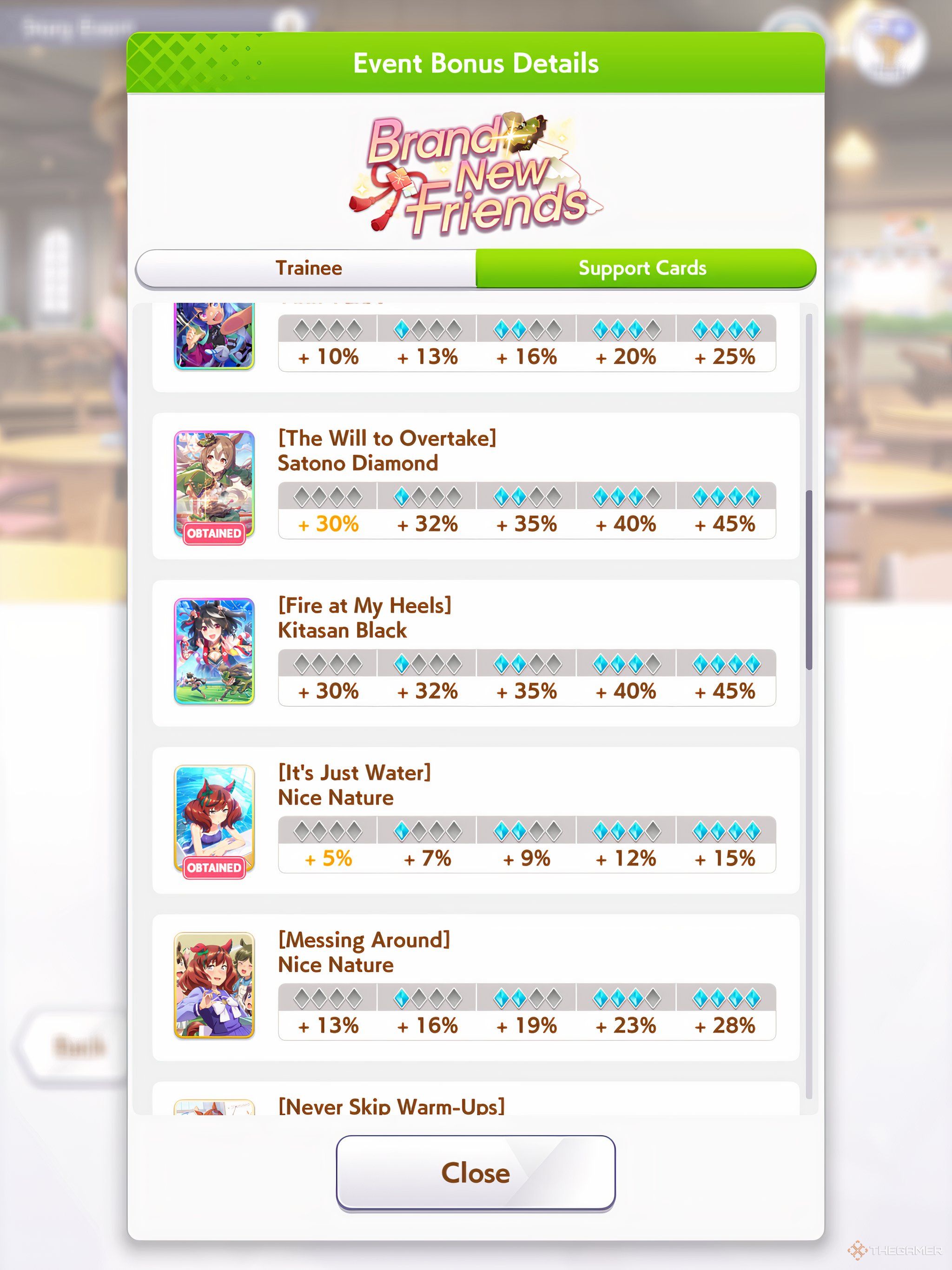 Brand New Friends Umamusume Pretty Derby events page showing the bonus Support Cards for the event.