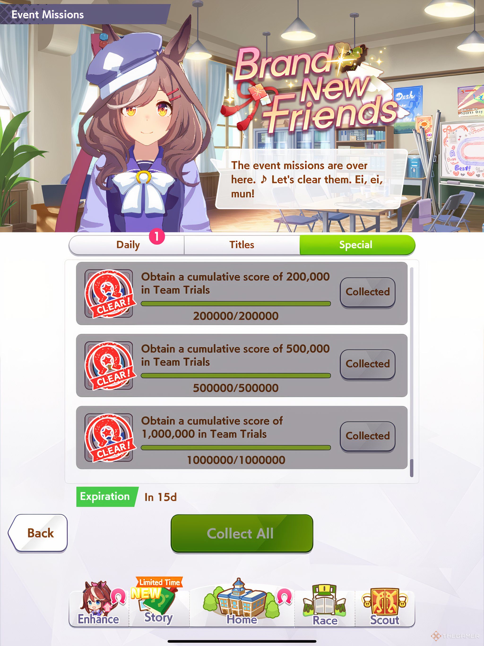The Brand New Friends Special event page in Umamusume: Pretty Derby showing some of the complete missions.