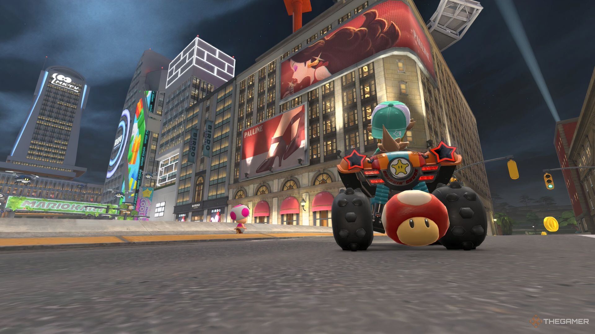 Rosalina staring at a range of high-rise buildings in Mario Kart World.