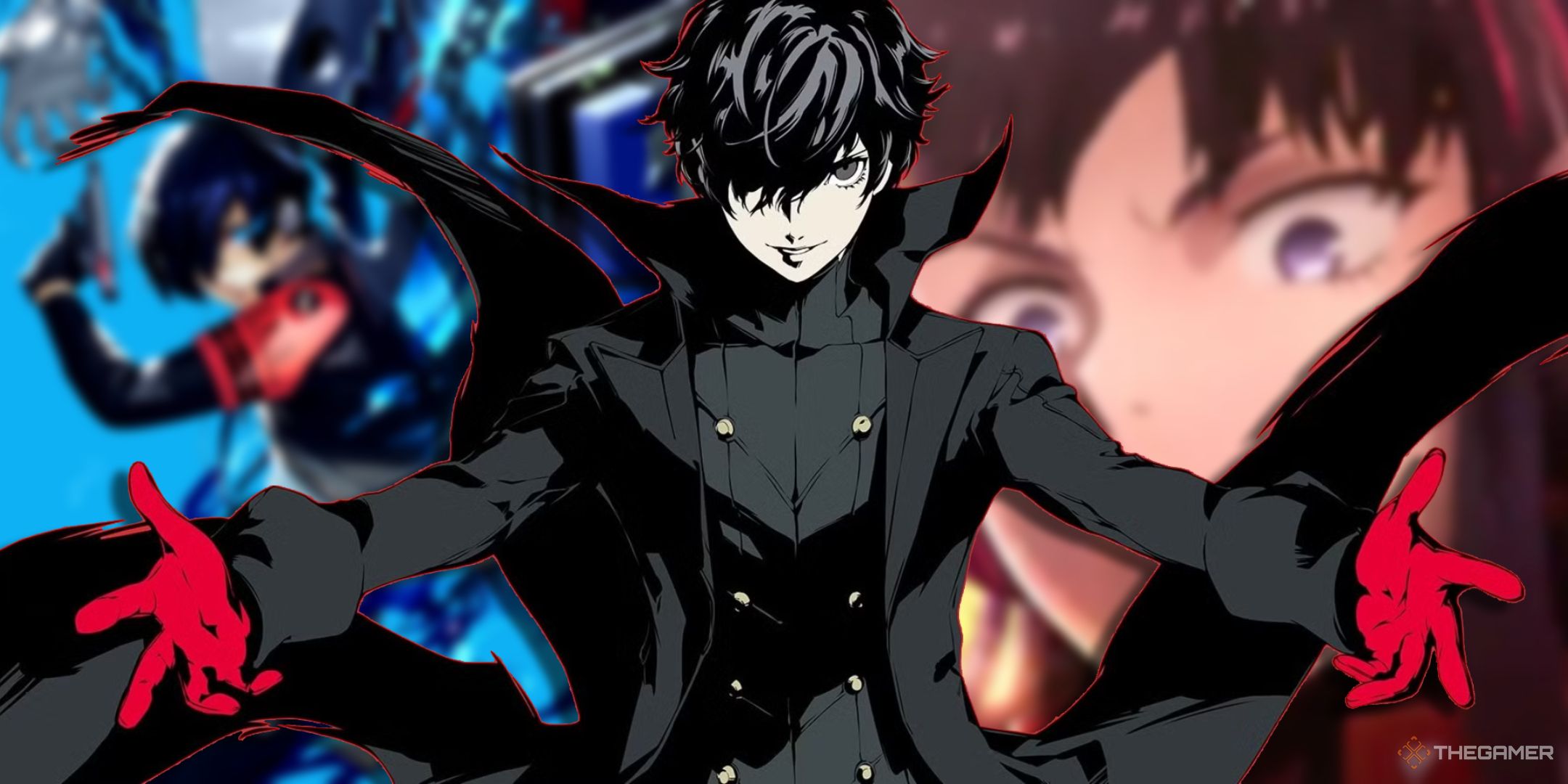 Joker standing with arms wide open with Persona 3 and Strange Journey background.