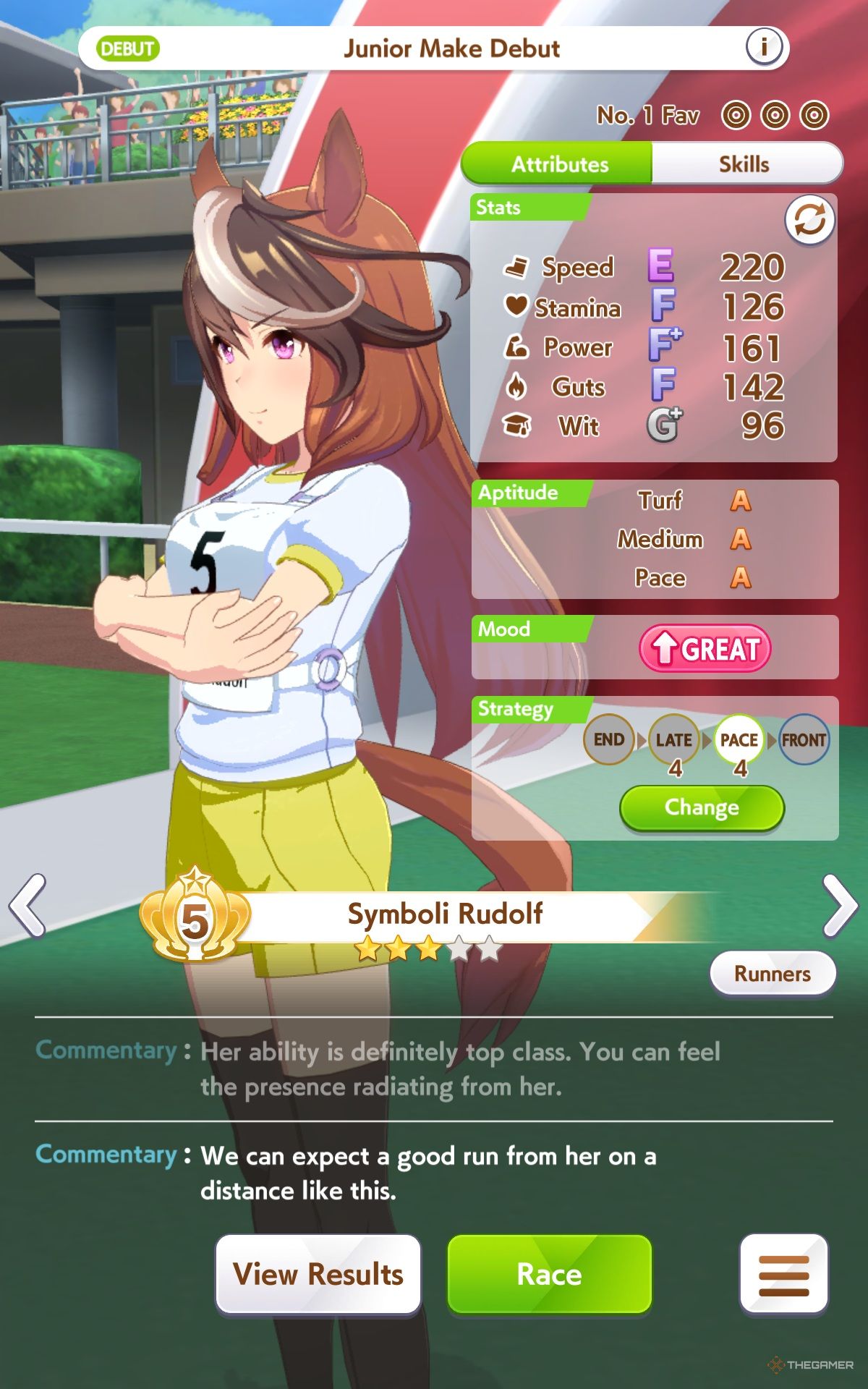 Symboli Rudolf standing, ready for a race, with a panel on the right showing her stats and Great Mood in Umamusume: Pretty Derby.