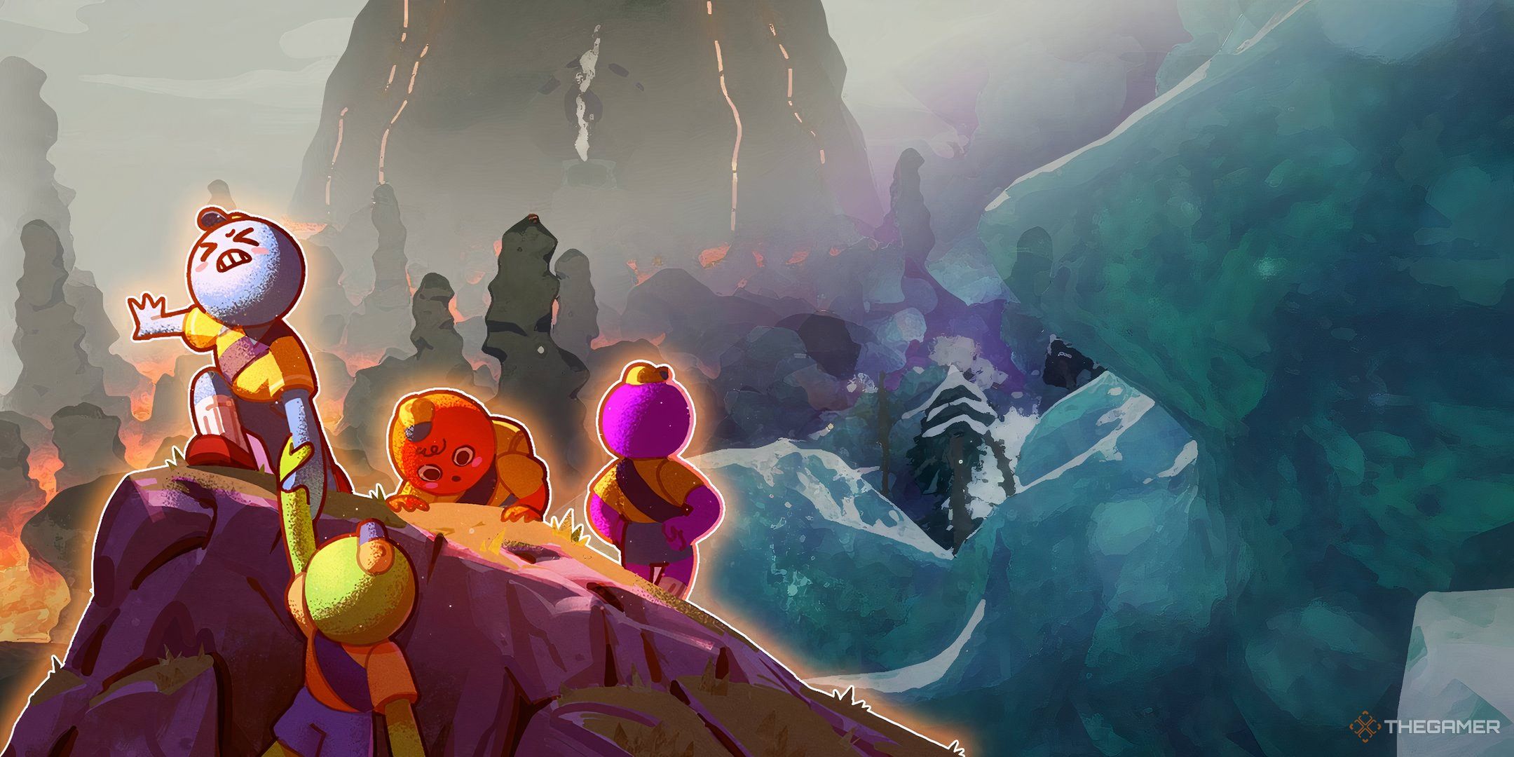 Key Art Of Scouts Climbing, And In The Background A Blended Image Of The Alpine And Caldera Biomes In Peak.