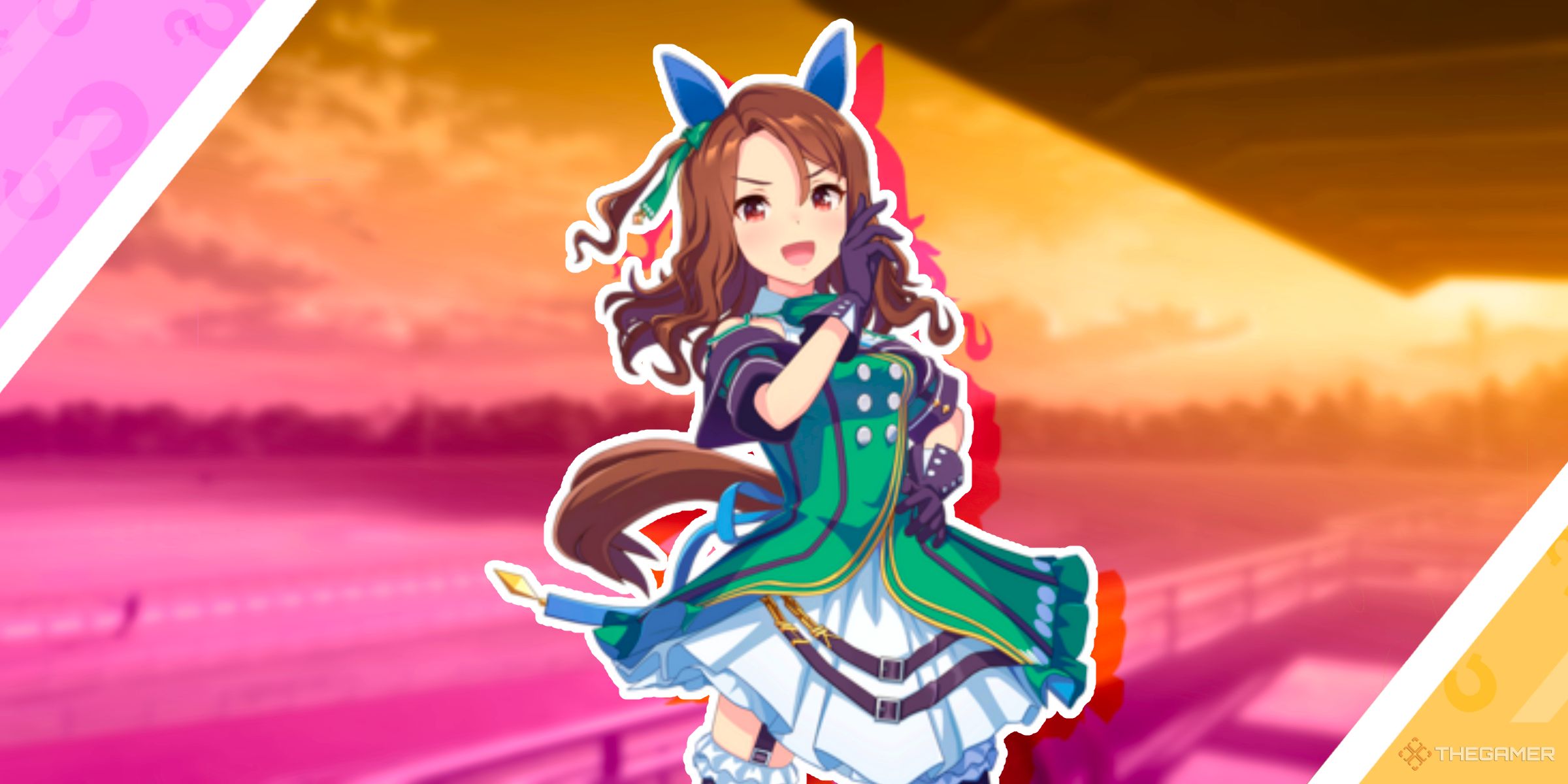 King Halo in her race outfit in front of a race track from Umamusume: Pretty Derby.