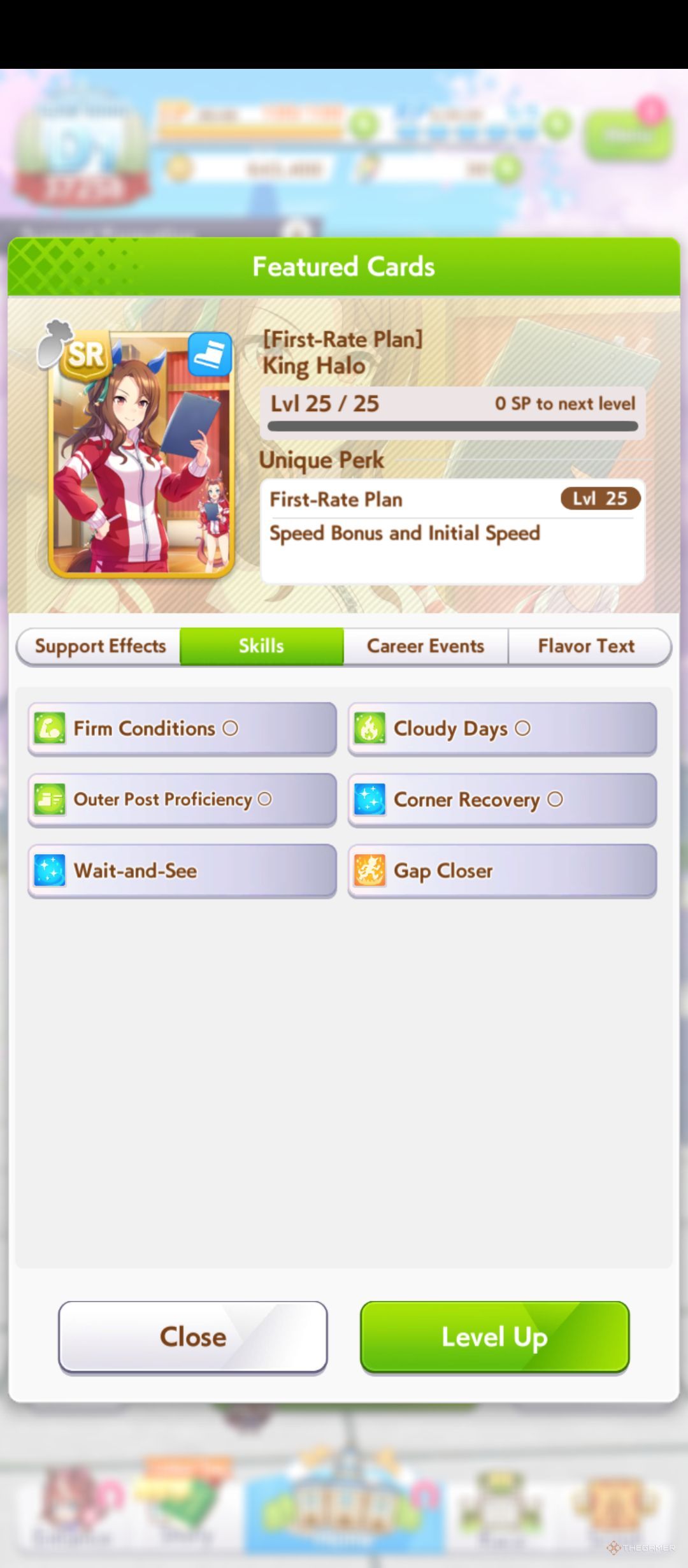 King Halo support card skills are shown in Umamusume Pretty Derby.