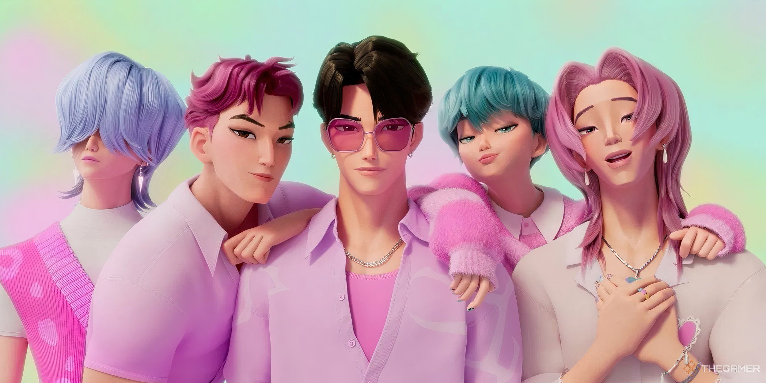 Saja Boys dressed in pink on a green background.