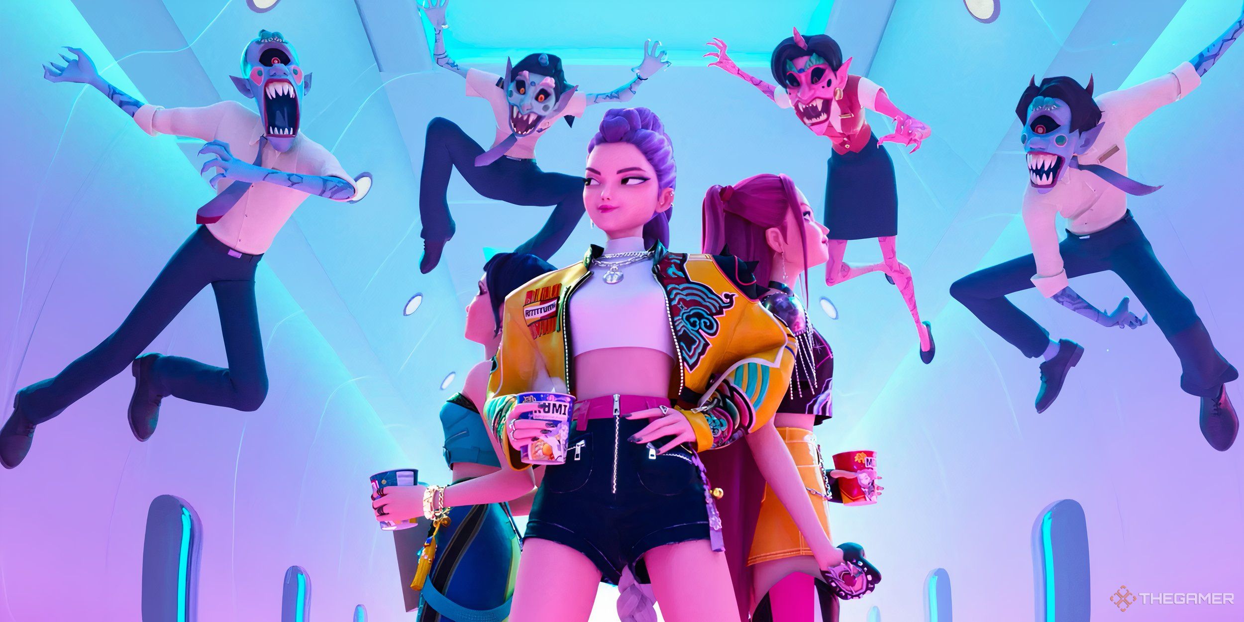 Zoey, Rumi, and Mira surrounded by demons on a plance.