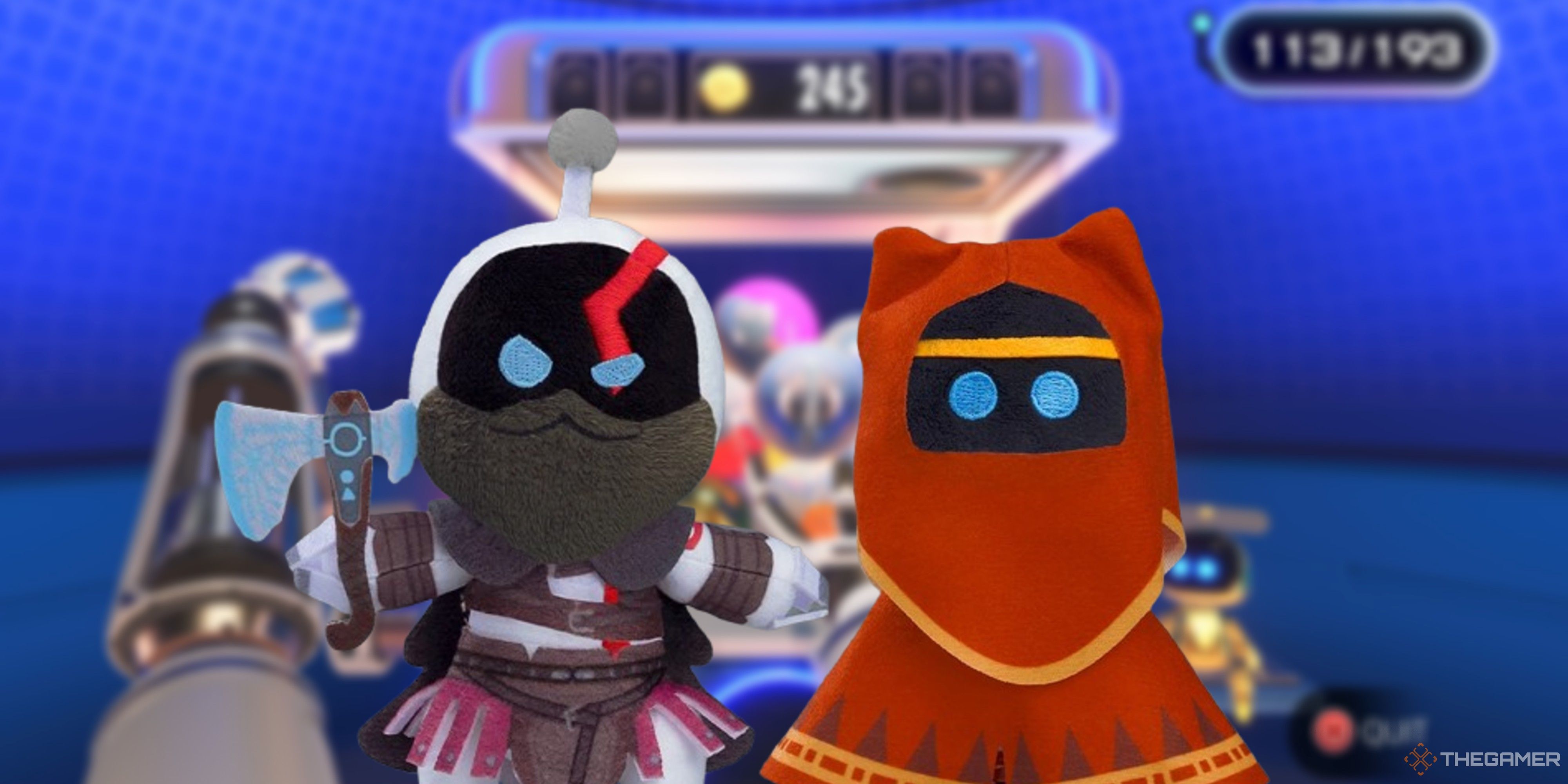 kratos and journey astro bot plushes in front of the astro bot gacha machine.